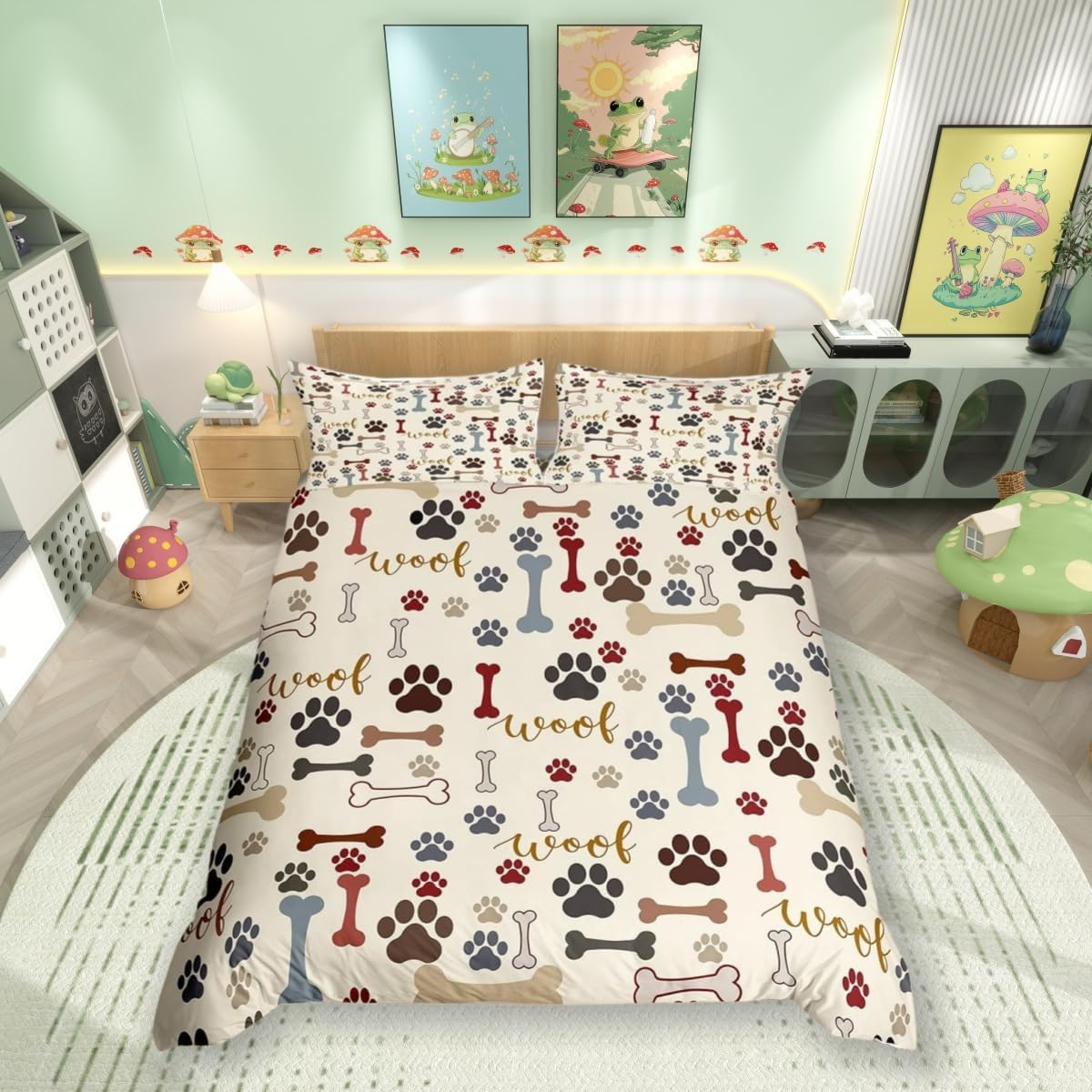 Cute Dog Paws Duvet Cover Single Size,Corgi Pug Lovely Animals Pets Comforter Cover for Kids Teens Adults Bedroom Decor,Dog Bones Cartoon Colorful Bedding Set 1 Pillowcase,No Comforter