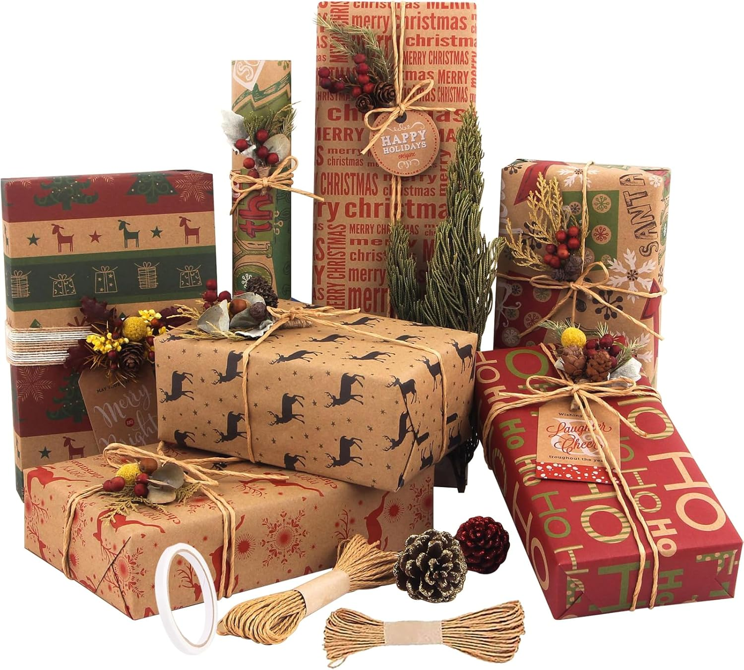 12 Pack Wrapping Paper Bulk,Cozy CORE Kraft Paper Eco-Friendly Recycled Kraft Sheets (70X50Cm) 6 Unique Designs + Bonus 10M Jute String & 10 Gift Tags image number 2