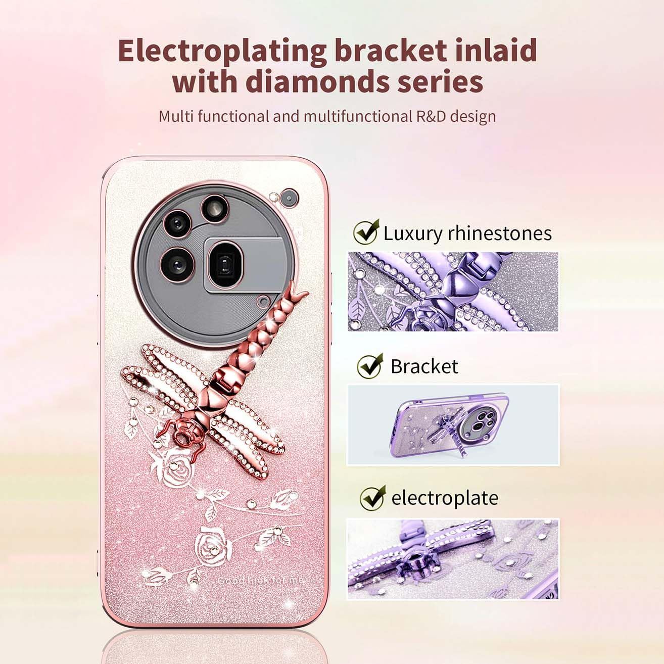 YUEQIAN Transparent Glitter Case for Nothing Phone (3A) Pro, Ultra Thin Glitter Bling TPU Shockproof Mobile Phone Case, Shiny Flowers Dragonfly Stand Girl Protective Case Purple image number 5