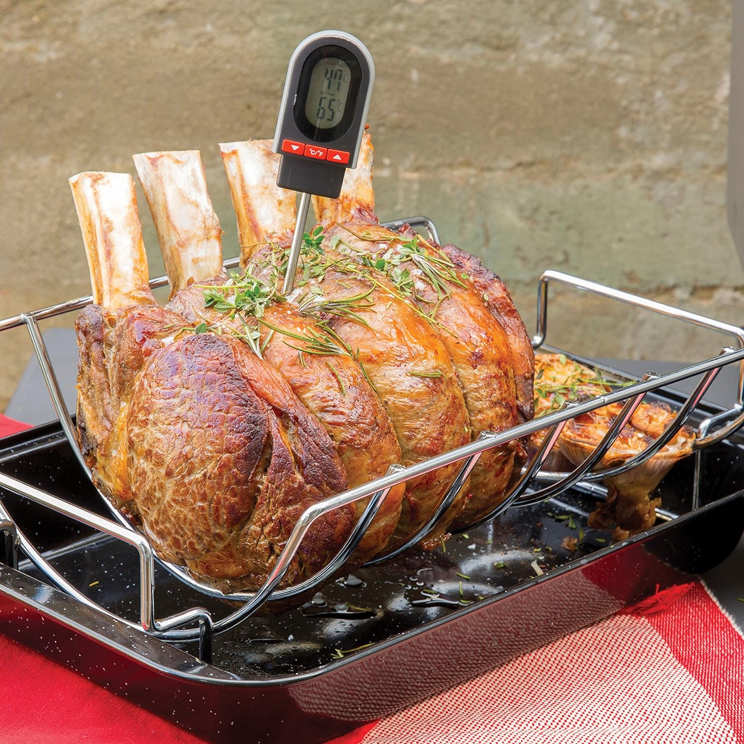 BBQ Buddy Reverse Roast and Rib Rack - Grill Rack for Holding Medium Size Roast or up to 6 Ribs - Barbeque Rib Rack Smoker Rack with Reversible Design - Stainless Steel