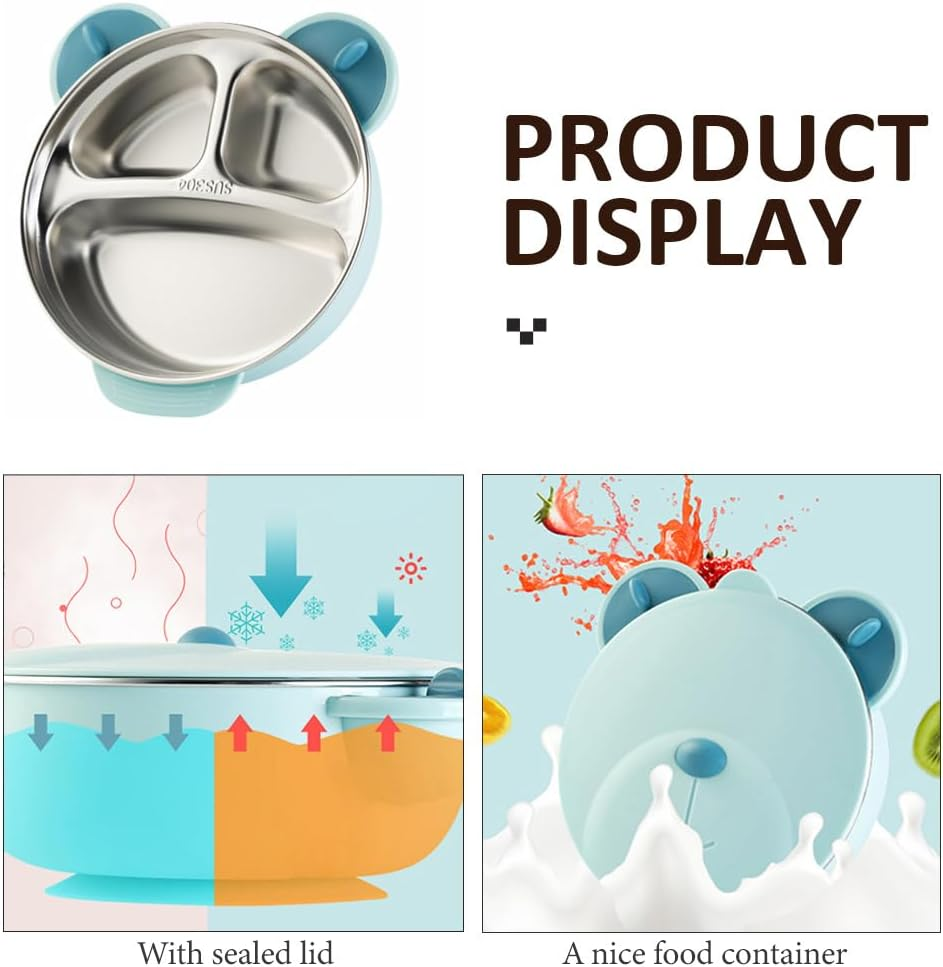 Ifundom Children S Tableware Set Stainless Steel Suction Bowl with Divided Plate Portable Insulated Lunch Box for Baby Food Feeding and Outdoor Use - Pink image number 4