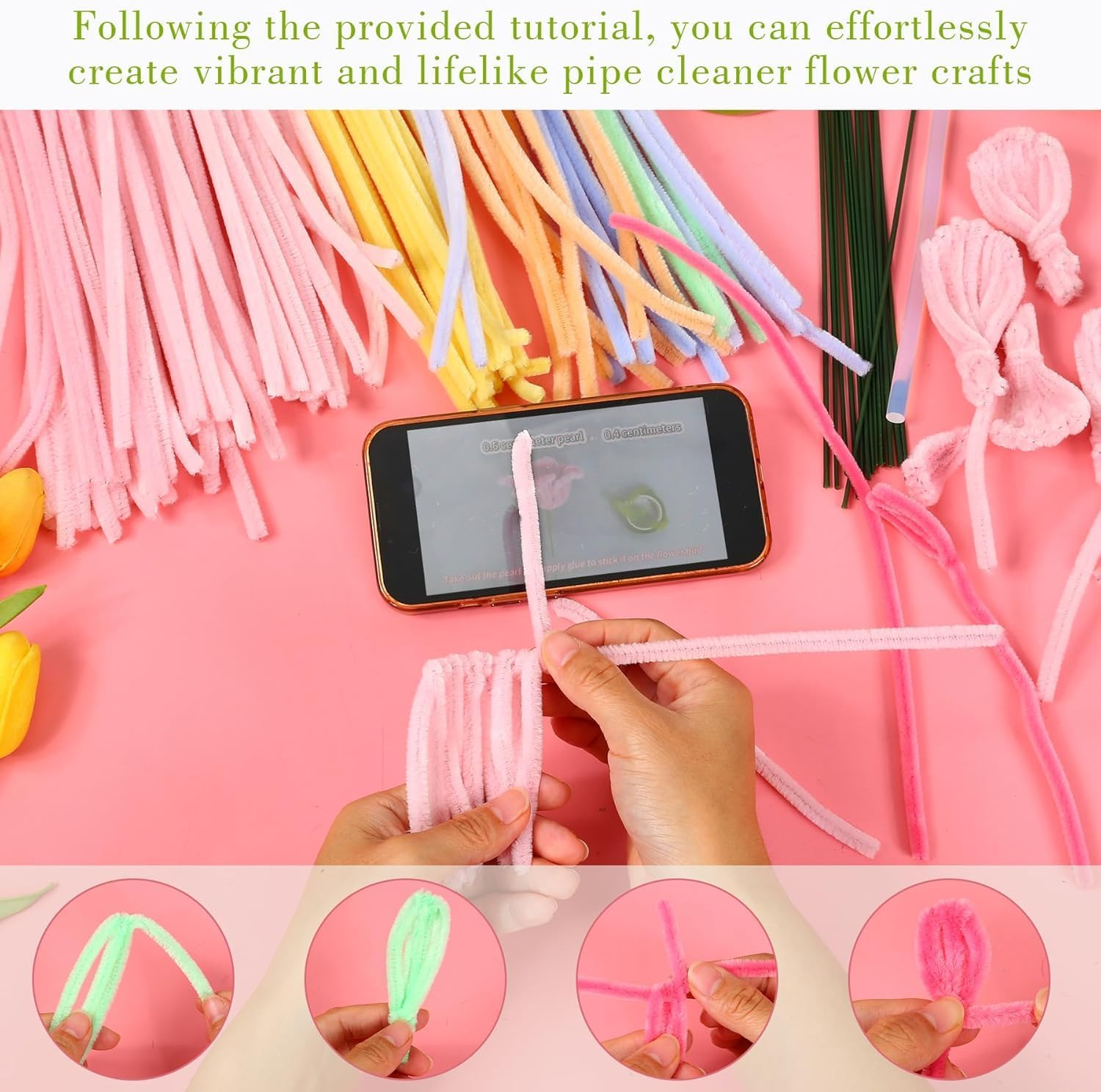 Pipe Cleaners Craft - Pipe Cleaners Flowers, Pipe Cleaner Flower Kit, DIY Pipe Cleaners Flower Bouquet Craft Supply Kit for Art Project Activity, Birthday Anniversaries Gifts image number 3