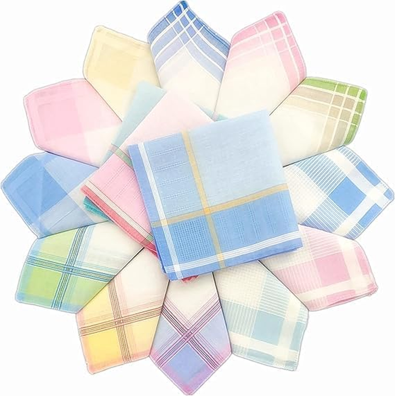 10Pack Quality Women Handkerchiefs | 100% Cotton Classic Large Handkerchiefs | Multicolor Striped and Plaid Vintage Pocket Squares | Suitable for Daily Use and Gifts image number 2
