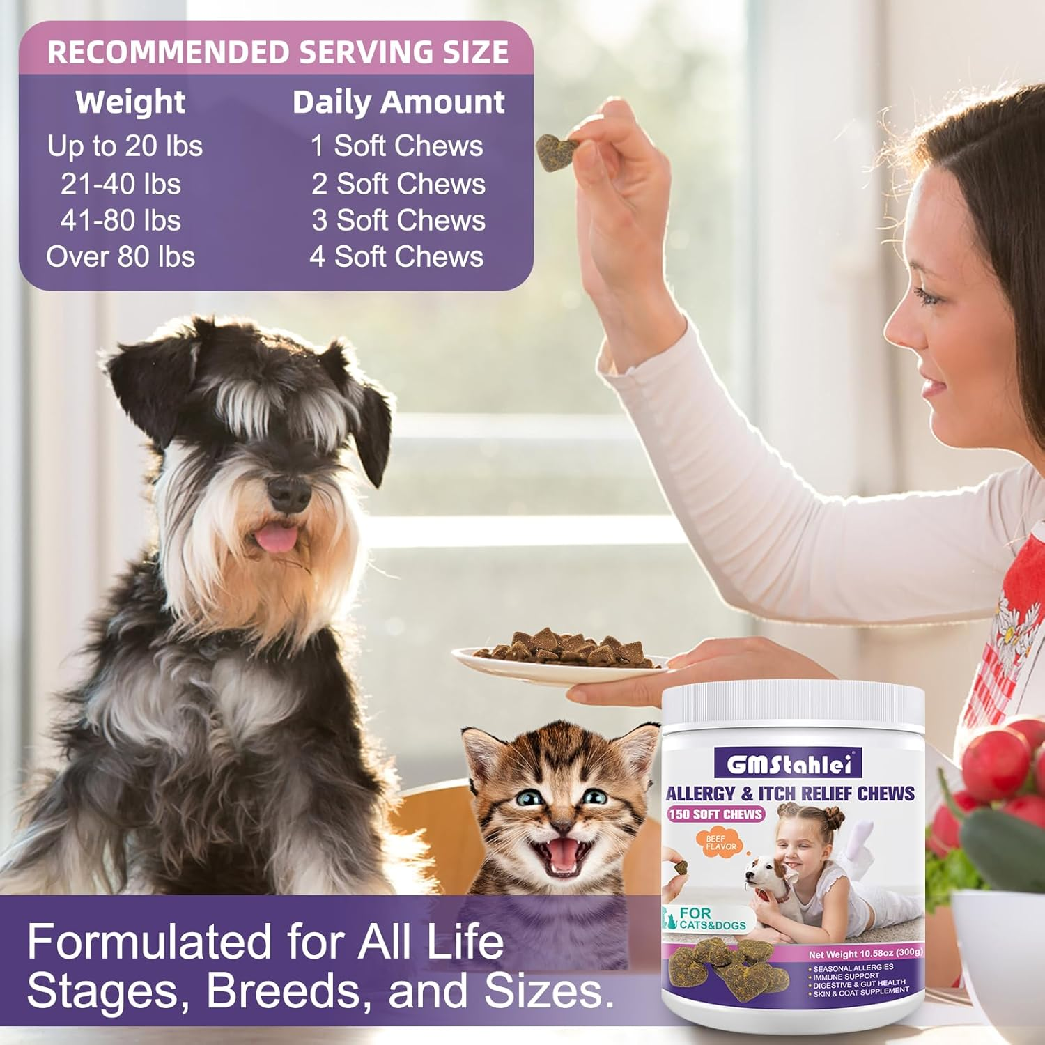 Dog Allergy Relief Chews,150 PCS Itchy Skin Relief Immune Treats with Omega 3 Fish Oil,Turmeric Probiotics for Dogs Itching,Skin and Coat Health for Dogs Itching, Licking & Separation image number 1