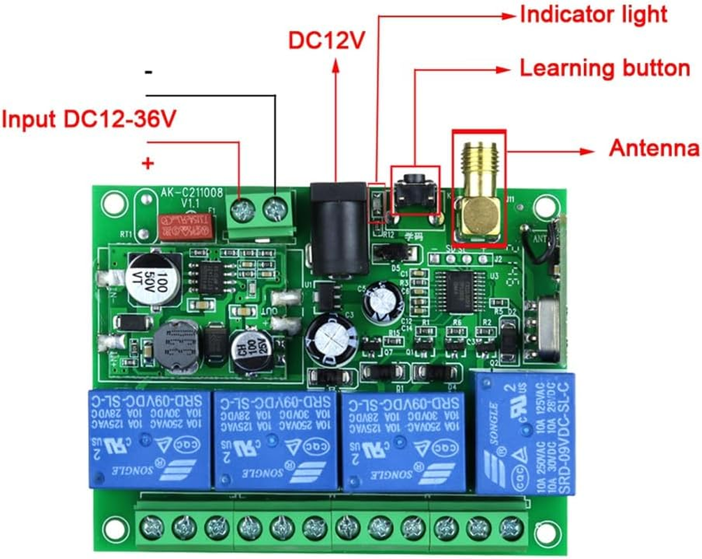 Aribrnten DC 12V 24V 36V 10A 433Mhz 4 Channel Wireless Relay RF Remote Control Switch Receiver+4Ch Transmitter,1 Receiver 2 Remote image number 3