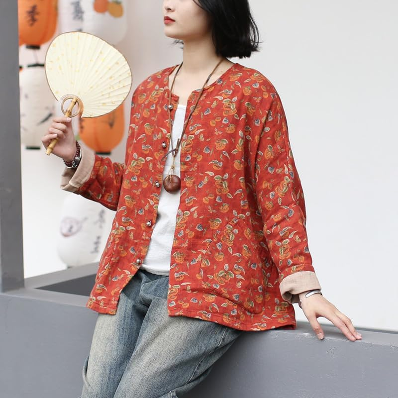 Women'S Vintage Batwing Sleeve Frog Button Jacket Loose round Neck Cotton Linen Ethnic Style Top Orange image number 2