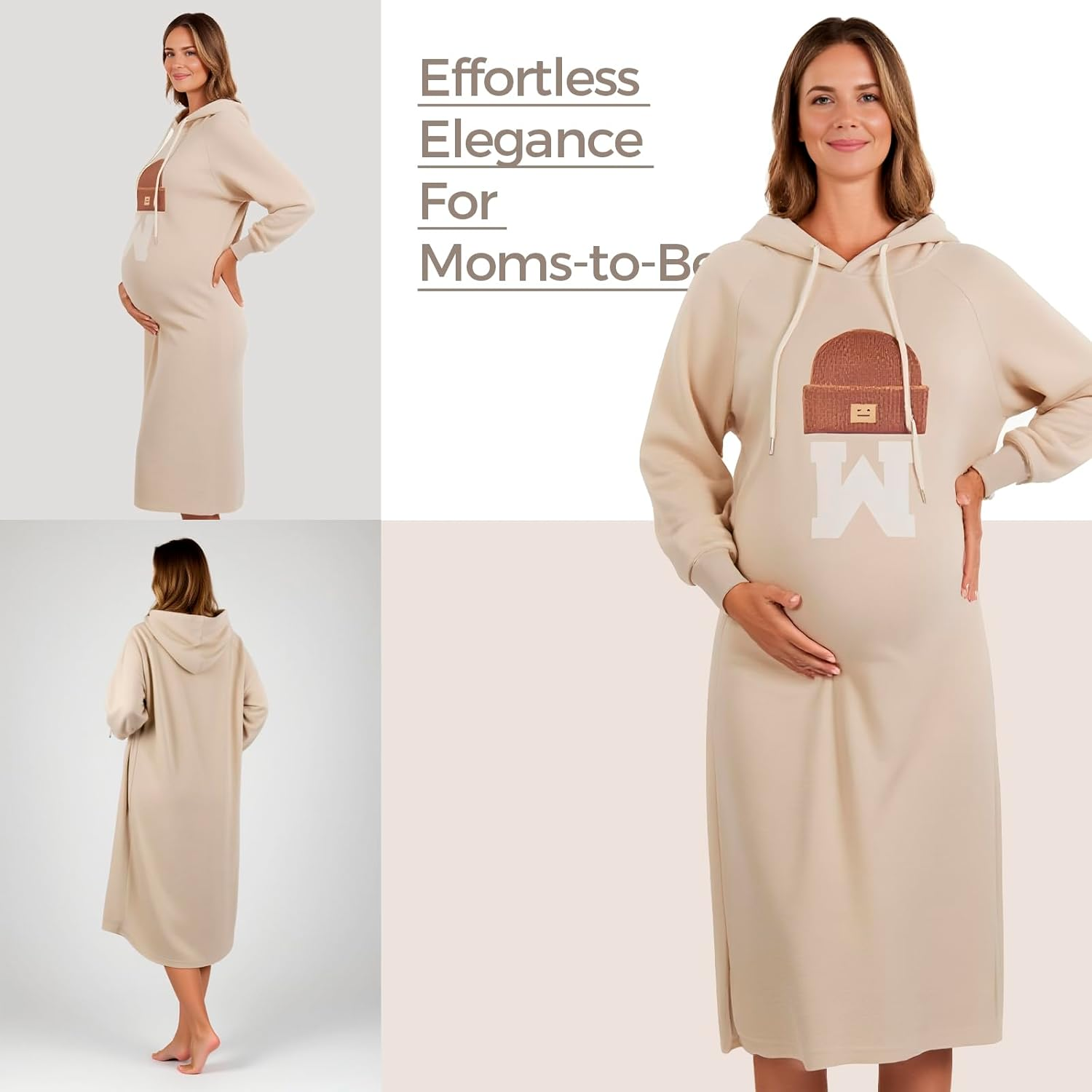 Maternity Hoodie Dress with Pockets &ndash; Casual Loose Fit Mid-Length Sweatshirt Dress for Pregnancy Spring Fall