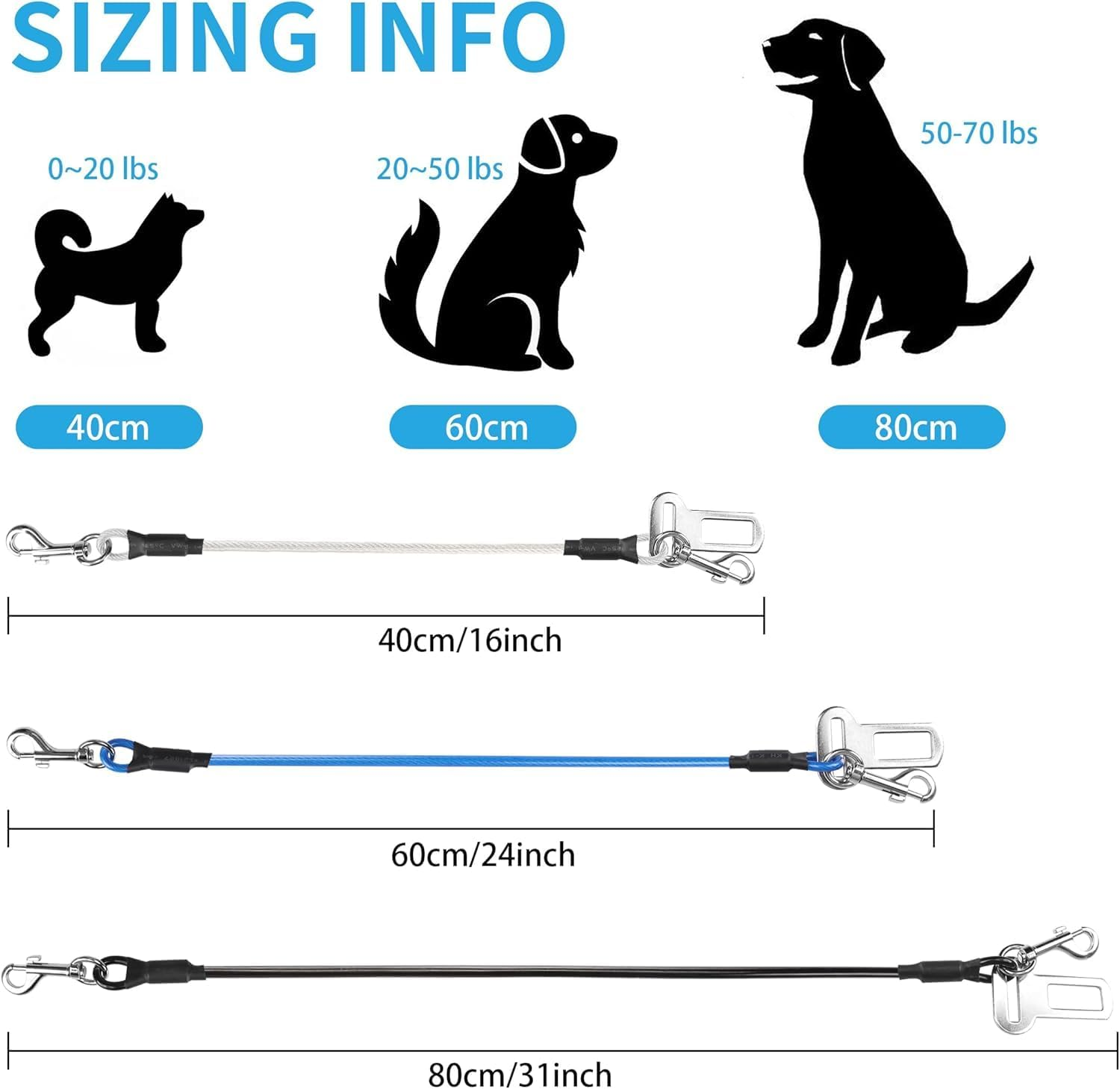 80 CM Dog Seat Belt Harness for Car, Chew Proof Tether Cable Dog Vehicle Seatbelt Safety Restraint, 360&deg; Rotation Hook Steel Cable Dog Headrest Support image number 5