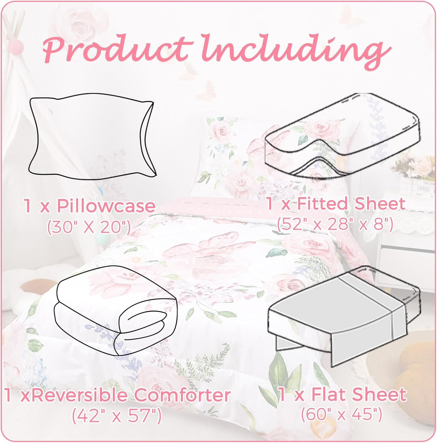 4 Piece Toddler Bedding Set for Girls, Butterfly Toddler Comforter Set, Ultra Soft Toddler Bed Set Includes Comforter, Flat Sheet, Fitted Sheet, Pillowcase (Pink Floral & Butterfly Pattern) image number 4