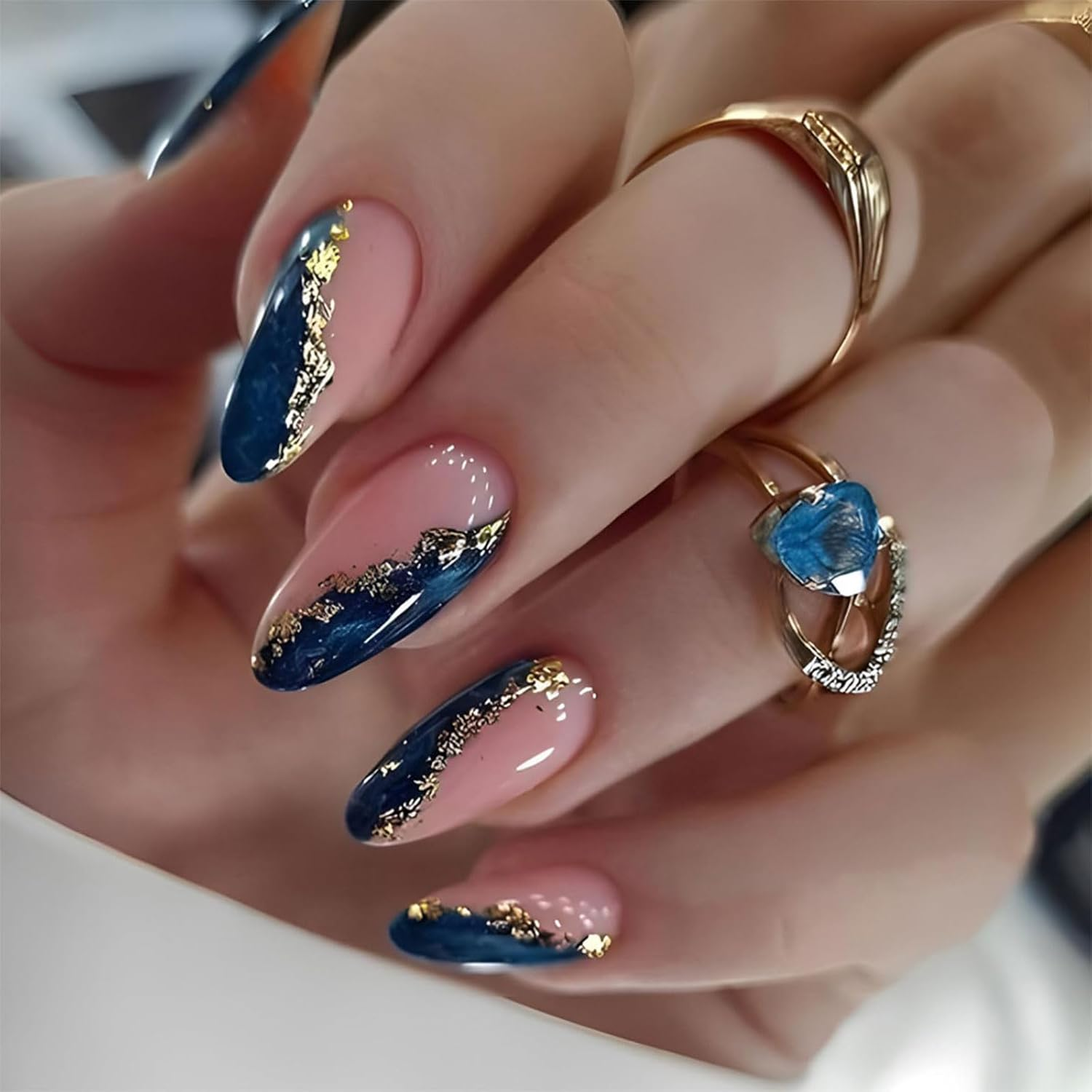 Kabwea 24 Pieces Artificial Acrylic Nails with Gold Foil and Blue Marble, Medium Almond-Shaped Press-On Nails, Fake Nails, Press on Nail image number 2