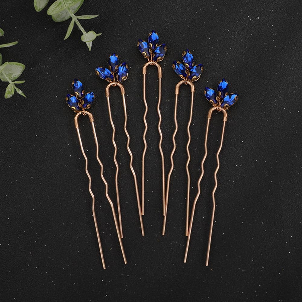 Teyglen 5Pcs Rhinestone Hair Piece - Sparkly Crystal Hair Clips Pins for Bride, Women, Girls, Party, Prom (Silver, Blue, Red, Green)