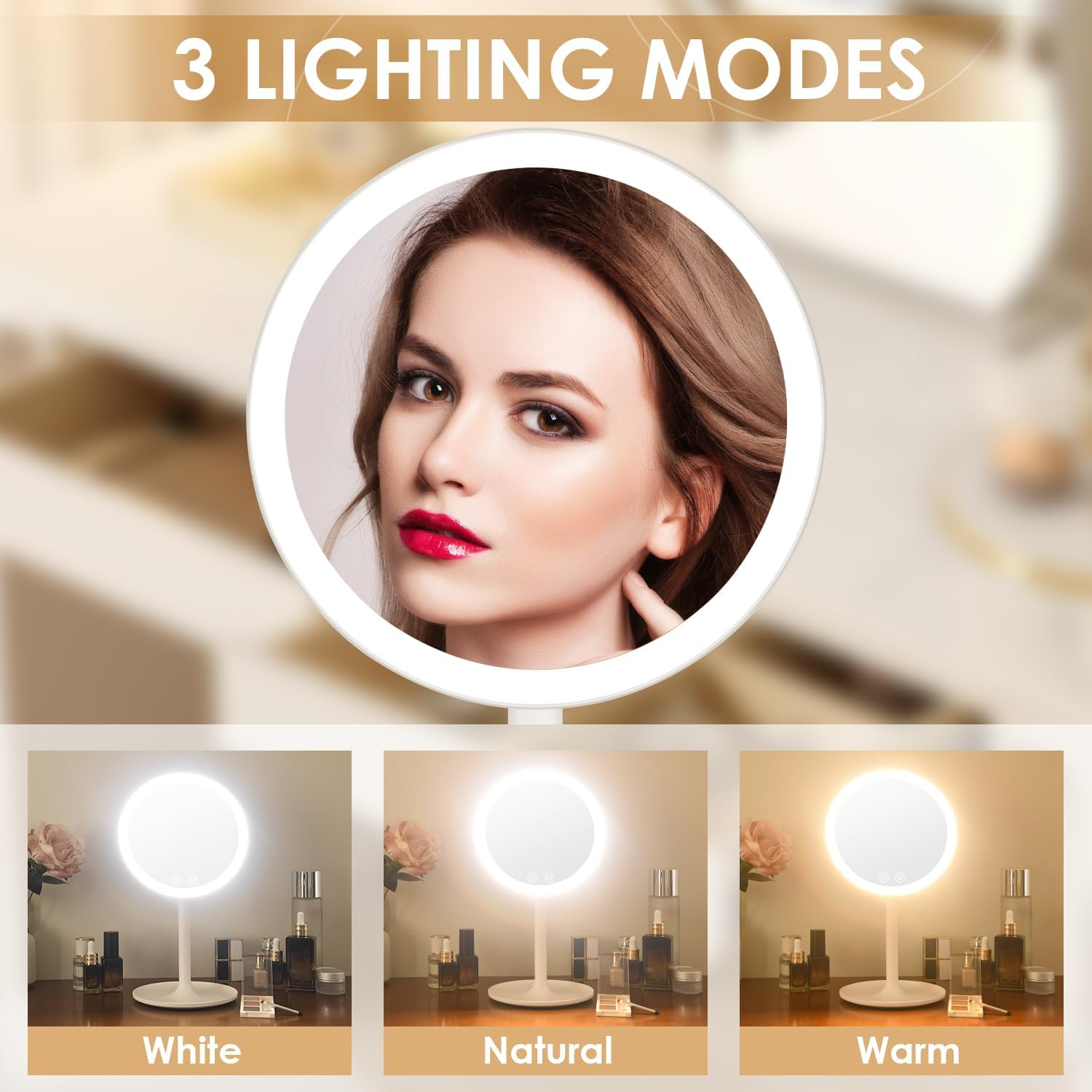 Auxmir Cosmetic Mirror 1 X with Small 10 X Illuminated Makeup Mirror with 46 Leds 3 Light Colours and Dimmable Brightness, USB Rechargeable Table Mirror Touch Switch Makeup Mirror 90&deg; Swivelling image number 6