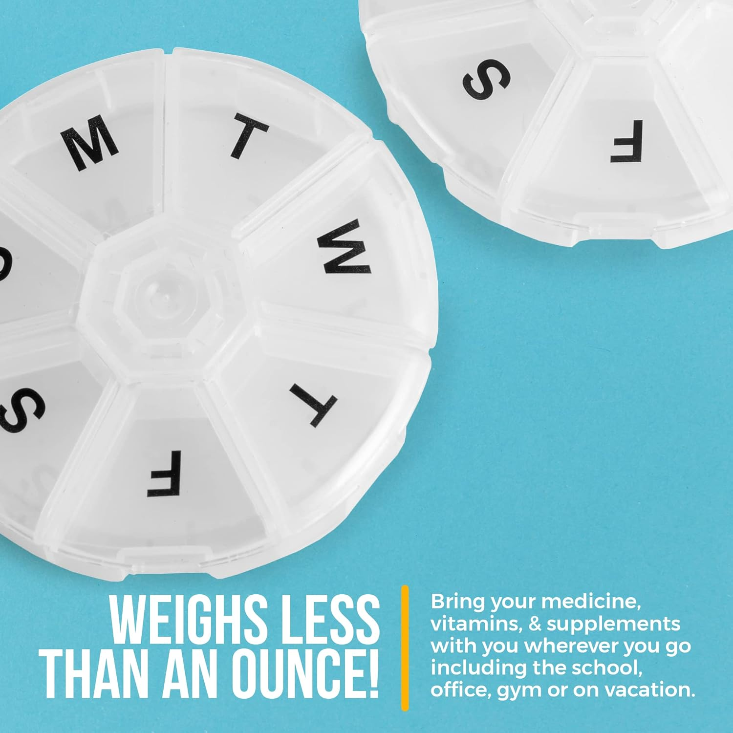 Weekly Pill Organizer - Pack of 2 - Large round Travel Medication Reminder Daily Monday to Sunday Compartments, 7 Days image number 6