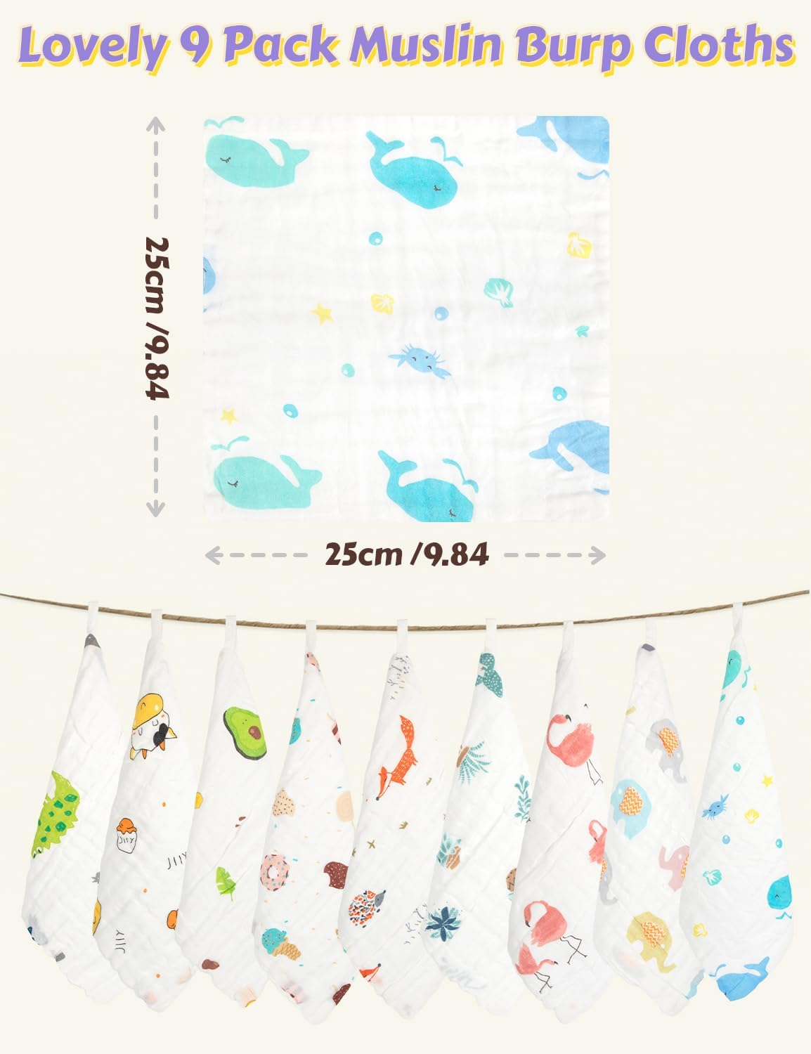 Viaky Muslin Baby Burp Cloths Sets 9 Pack 100% Cotton 25X25Cm Burping Clothes 6 Layers Super Soft and Highly Absorbent Newborn Towel for Baby Girls Boys image number 4