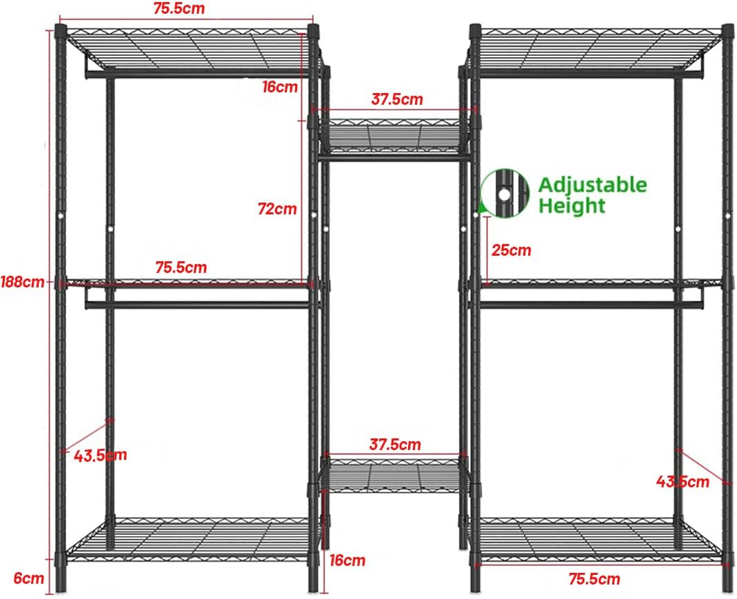 Clothes Rack,Heavy Duty Garment Rack with Adjustable Shelves and Hanging Rods, Multi-Functional Clothing Rack for All Kinds of Clothes and Shoe Storage.Expandable Wardrobe,Closet Organizer.