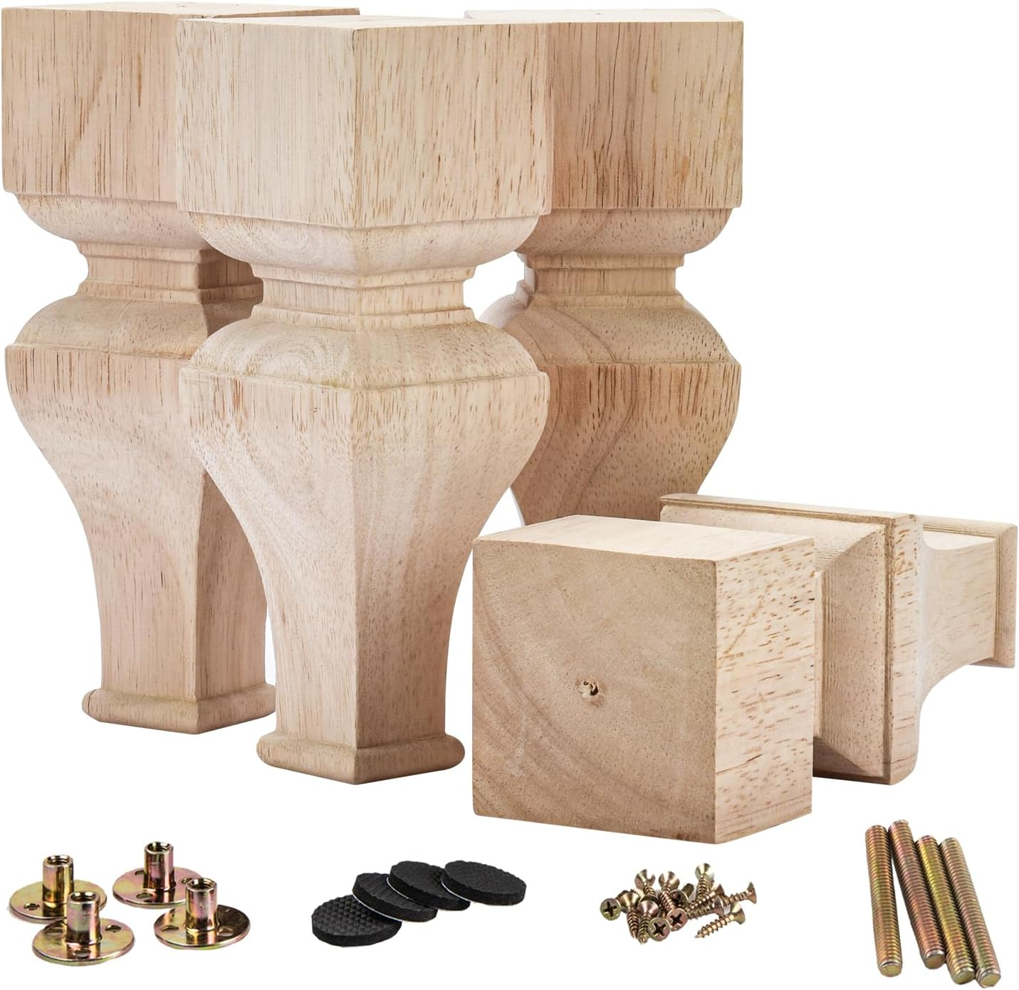 6 Inch / 15Cm Wooden Furniture Legs, La Vane Set of 4 Solid Wood Carved Geometry Unfinished Replacement Bun Feet with Mounting Plate & Screws for Sofa Cabinet Couch Table TV Stand