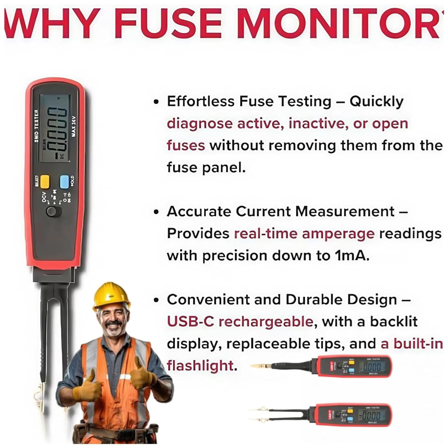 Parasitic Draw Fuse Tester Automotive, Car Circuit Tester Monitor Accessories, Fuse Monitor, Maxi & ATC Fuses Live Current Readings, Replaceable Tips and Built-In Flashlight (2PC)