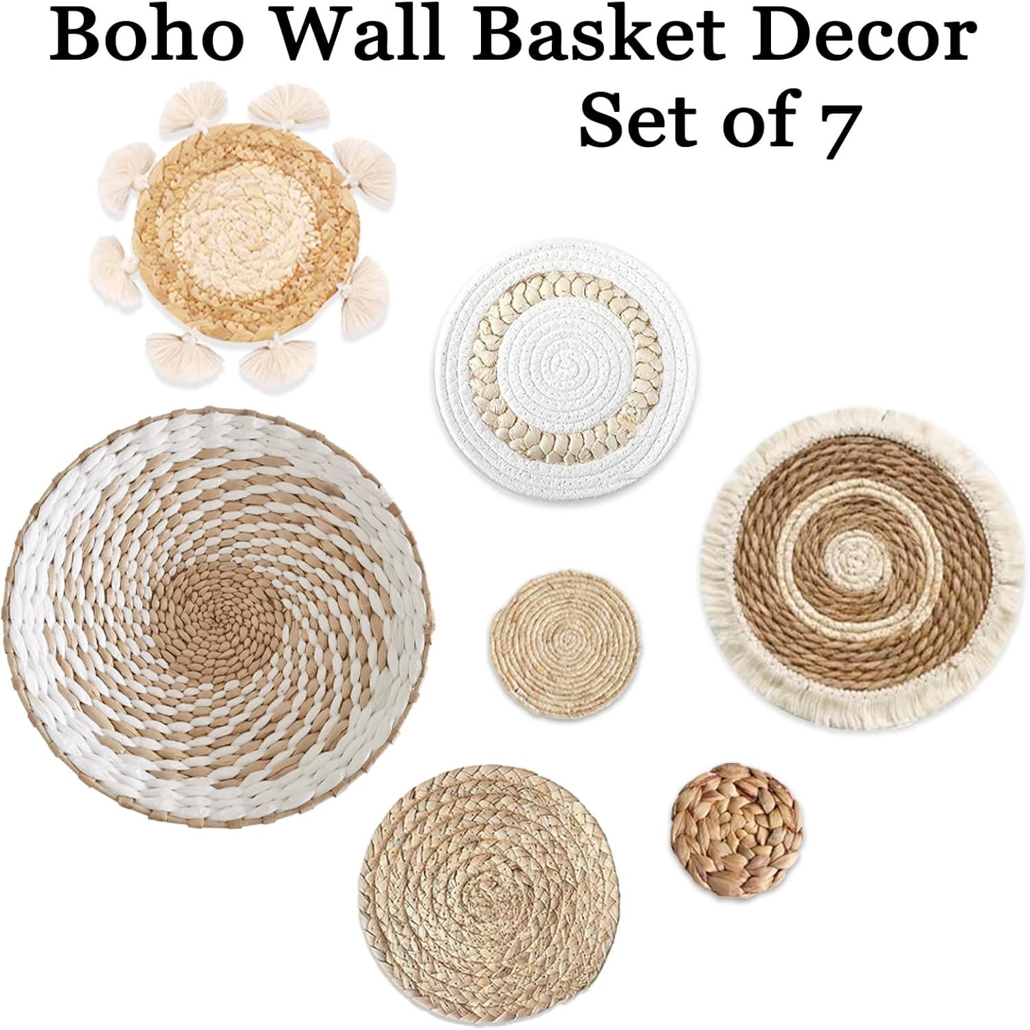 7 Pack Boho Wall Basket Decor - Seagrass Rattan Wicker Wall Decor round Handmade Hanging Rustic Flat Elegant Wall Art for Farmhouse Living Rooms Bedrooms Display Table Settings Kitchen Home image number 1