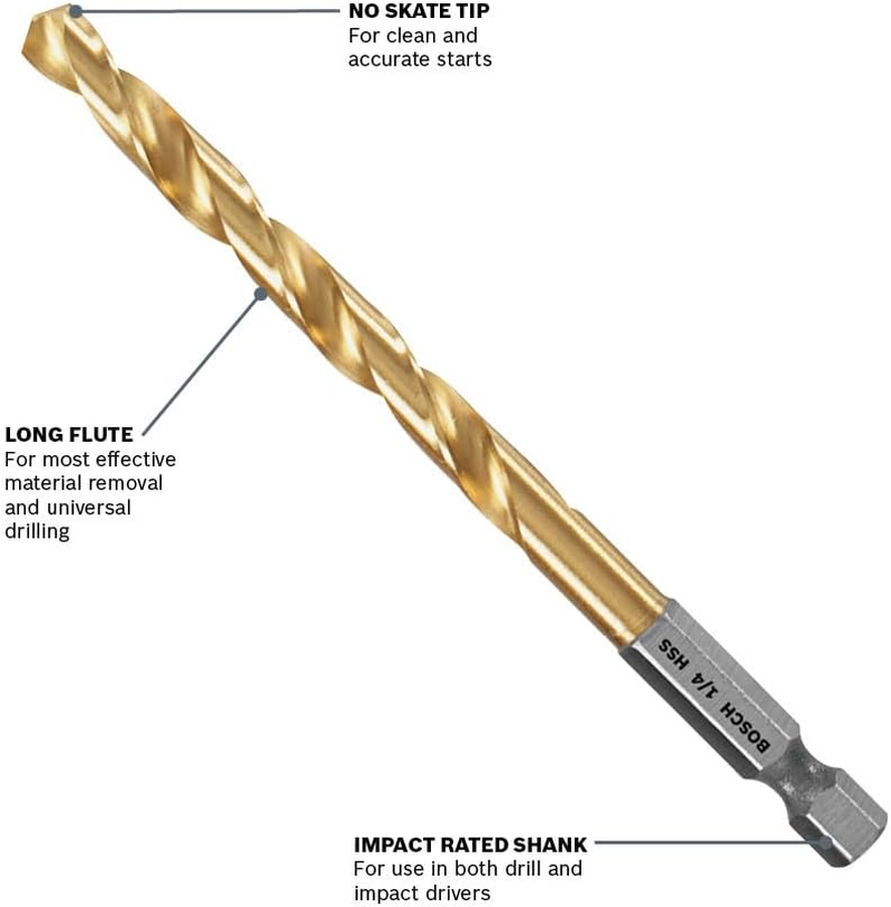 BOSCH TI2159IM 1-Piece 1/2 In. X 6 In. Titanium Nitride Coated Metal Drill Bit Impact Tough with Impact-Rated Hex Shank for Applications in Heavy-Gauge Carbon Steels, Light Gauge Metal, Hardwood