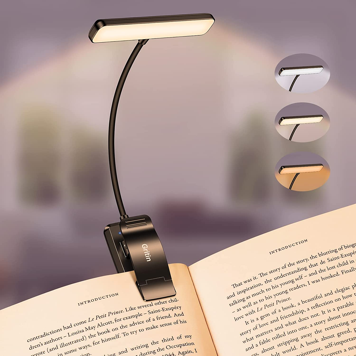 Gritin 19 LED Book Light, Reading Light Book Lamp for Reading at Night with Memory Function, 3 Eye-Protecting Modes -Stepless Dimming, Long Battery Life, 360&deg; Flexible Lamp for Bed,Tablet
