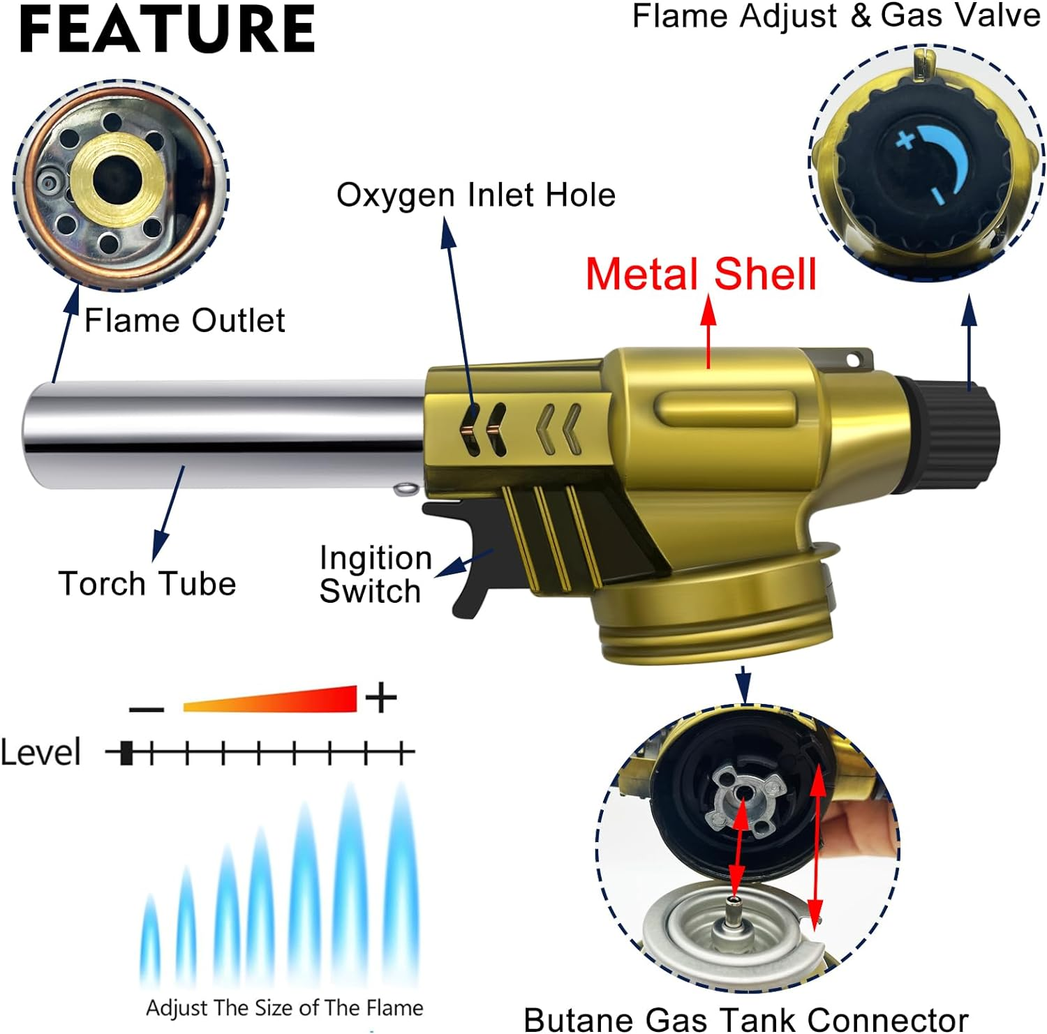 Butane Torch, Professional Kitchen Torch Lighter, Metal Case, Adjustable Flame, 360&deg; Reverse Use Gas Burner for Desserts Creme Brulee Baking BBQ Camping Soldering (Fuel Not Included) image number 3