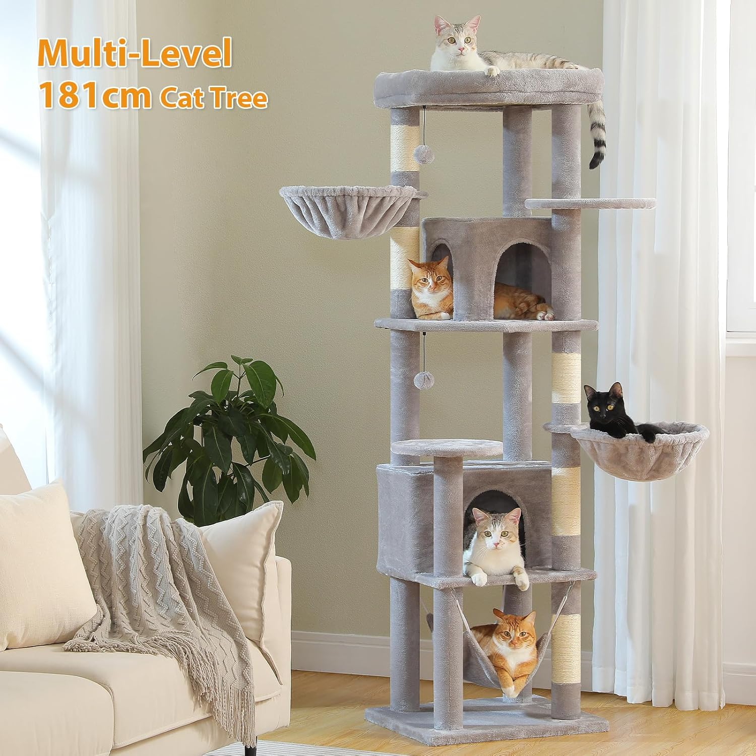 PAWZ Road Cat Tree, 181Cm Cat Tower for Indoor Large Cats, Cat Furniture with 2 Spacious Cat Condo, Large Top Perch,2 Hammock(Dia=35Cm), 2 round Perches,Sisal Covered Scratching Post.Grey - Pink image number 6