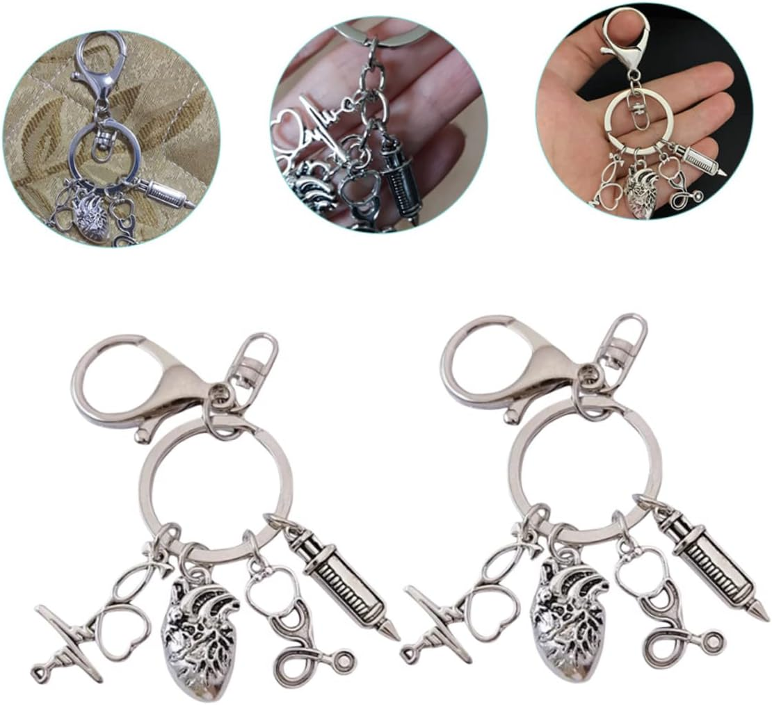 ABOOFAN 2Pcs Heart Shaped Metal Keychain Bag Charm Backpack Hanging Decor Doctor Key Ring Pendant Key Accessories for Nurses image number 4