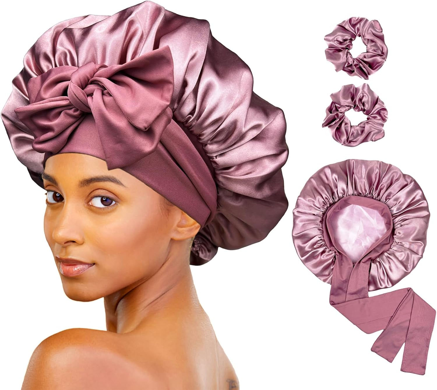 Luxelouise Satin Bonnet for Sleeping Silk Hair Bonnet for Sleeping Women Double Layer Silk Hair Wrap Sleep Bonet Satin Bonnets for Curly Hair and Braids (Cameo Pink)