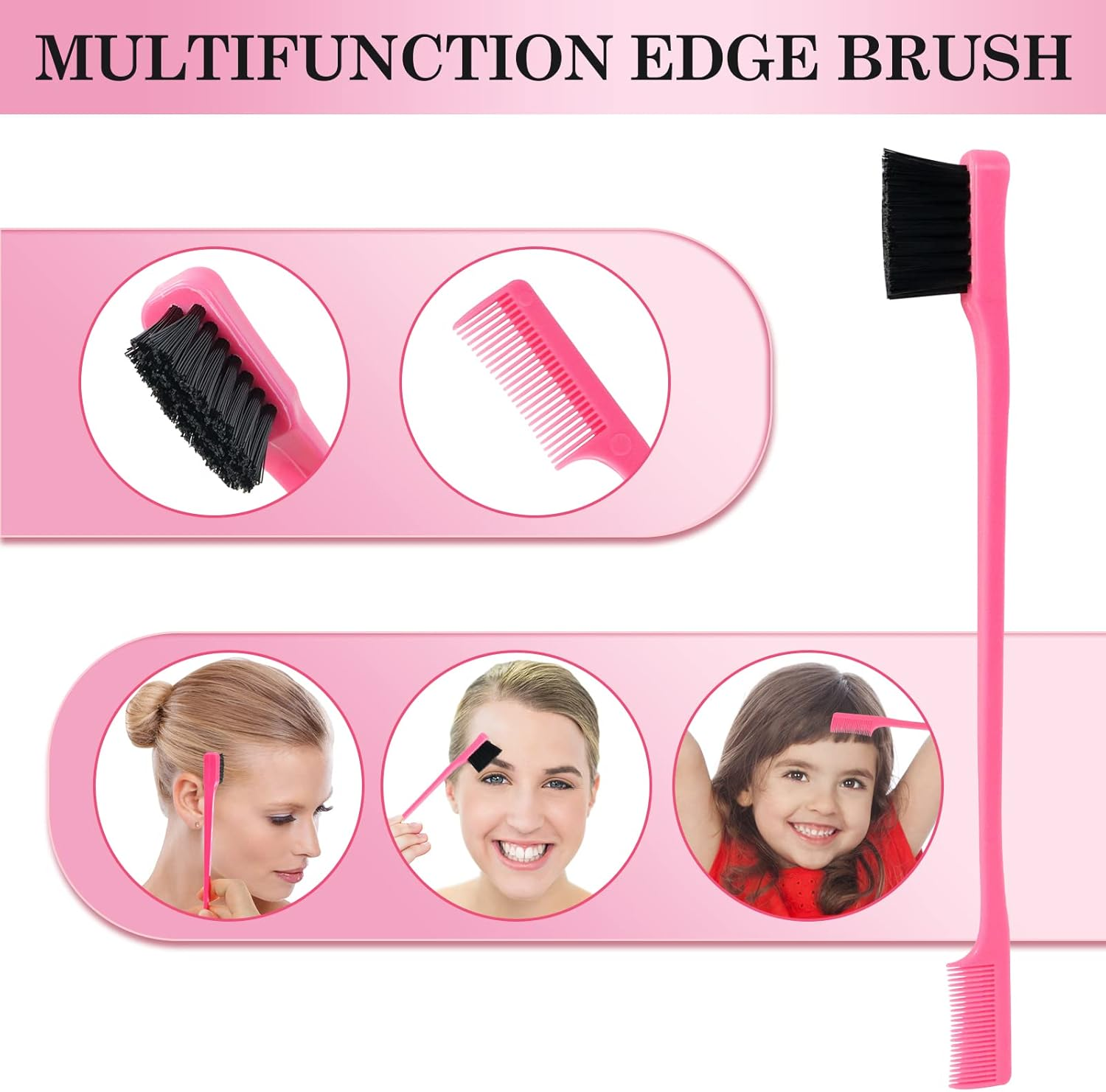 Sularpek 3 Pieces Slick Brush Set Bristle Hair Brush, Teasing Brush Edge Brush, Rat Tail Comb, for Edge & Back Brushing, Combing Slicking Hair for Women Girls (Pink) image number 4