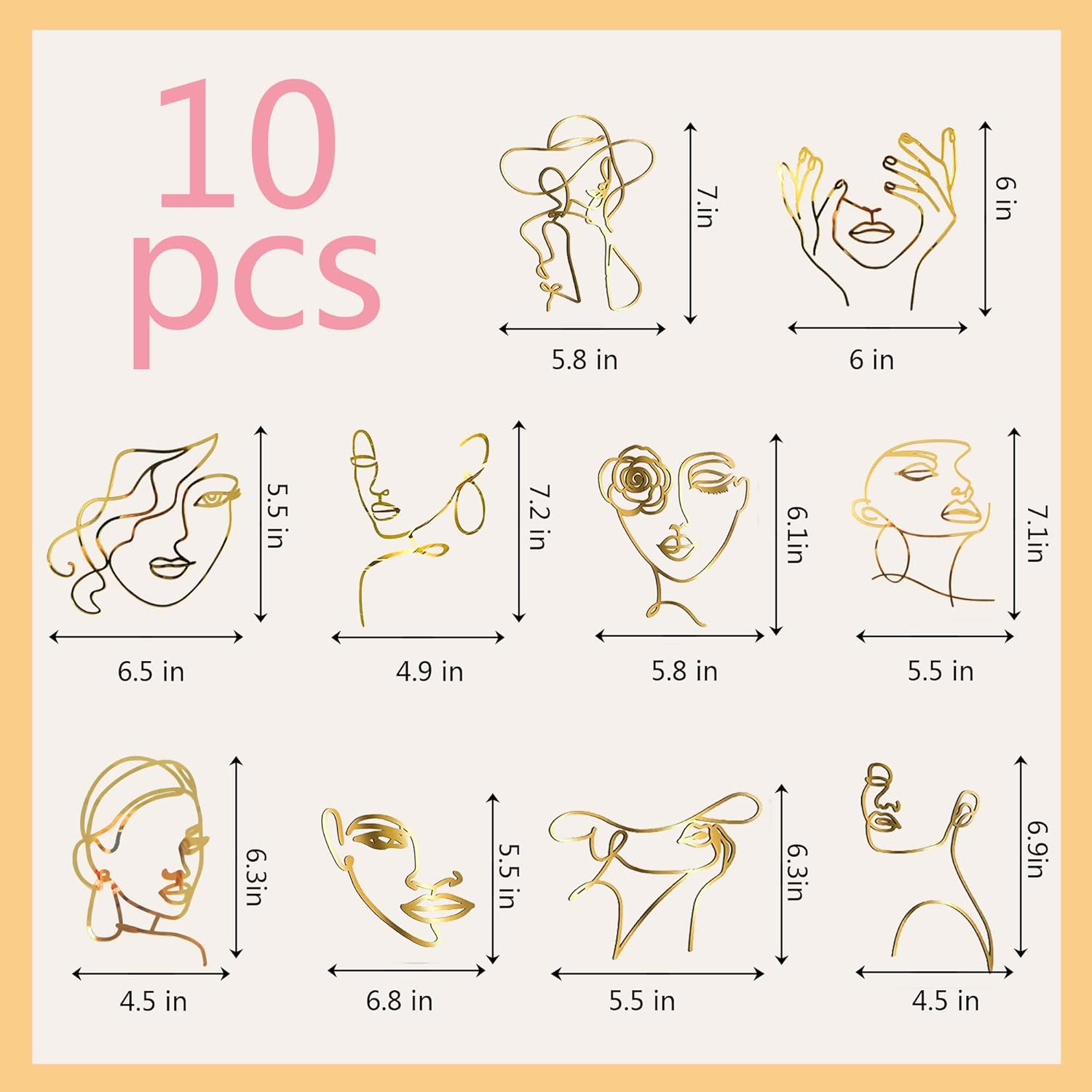 10 PCS Boho Cake Toppers Acrylic Minimalist Art Line Lady Face Cake Decorations for Wedding Bridal Shower Woman Girl Birthday Party Supplies (Gold) image number 3