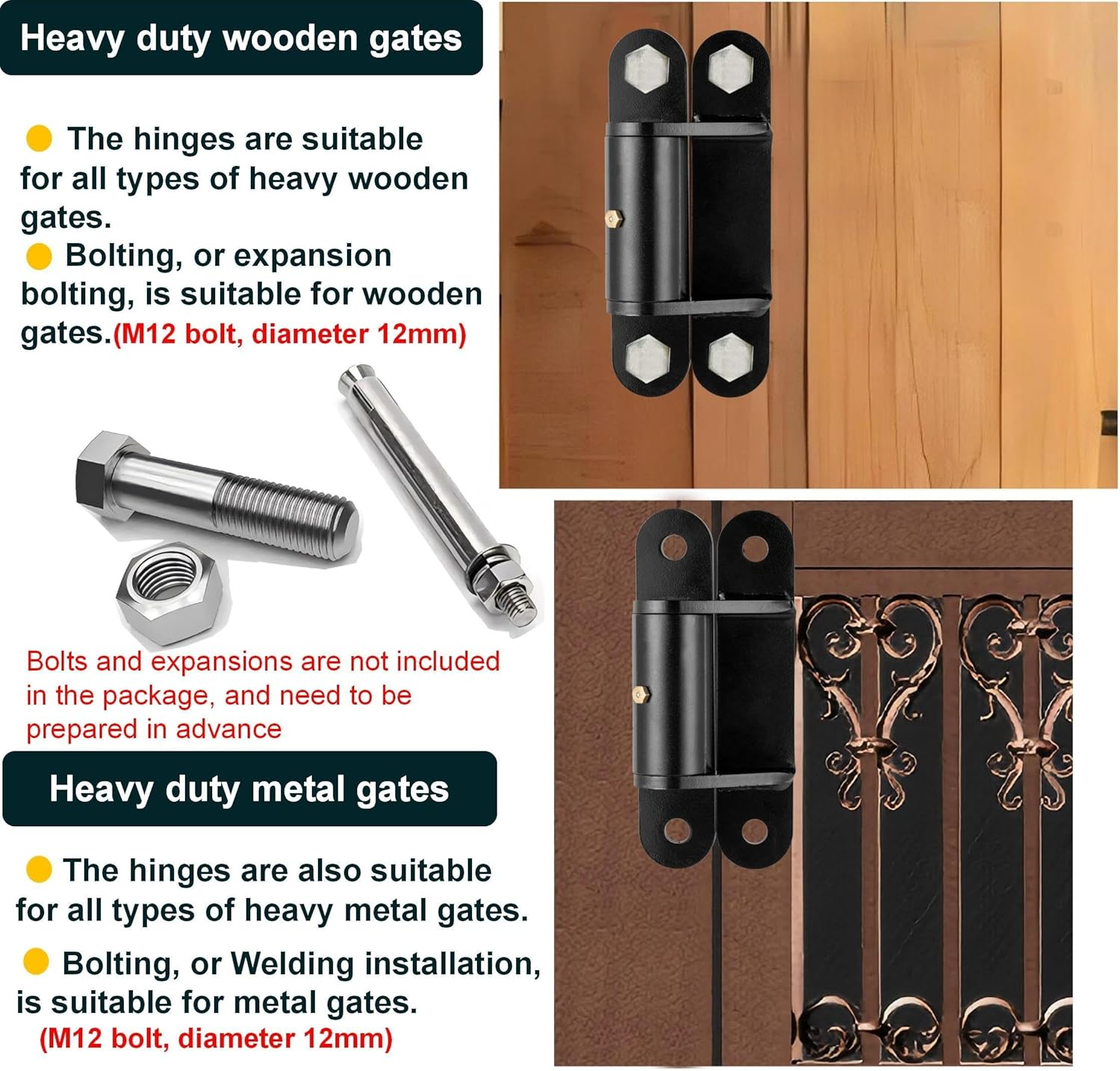 Heavy Duty Gate Hinges for Large Heavy Wooden or Metal Gates.7''Gate Hinge Can Opens 180&deg;,Face Mount Bolt on or Weld on Gate within 1100 Lbs, Heavy Duty Hinge with Roller Bearings,2 Pack