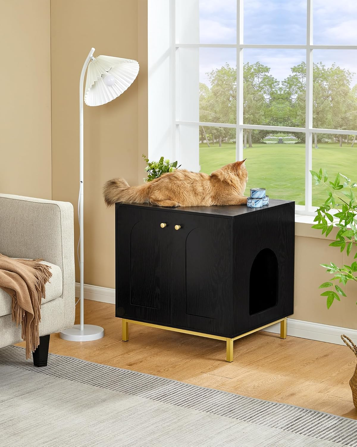 Cat Litter Box Enclosure, Hidden Litter Box Furniture Cabinet, Wooden Indoor Cat House, Side End Table, Living Room, Bedroom, Black and Gold CB81204G image number 5