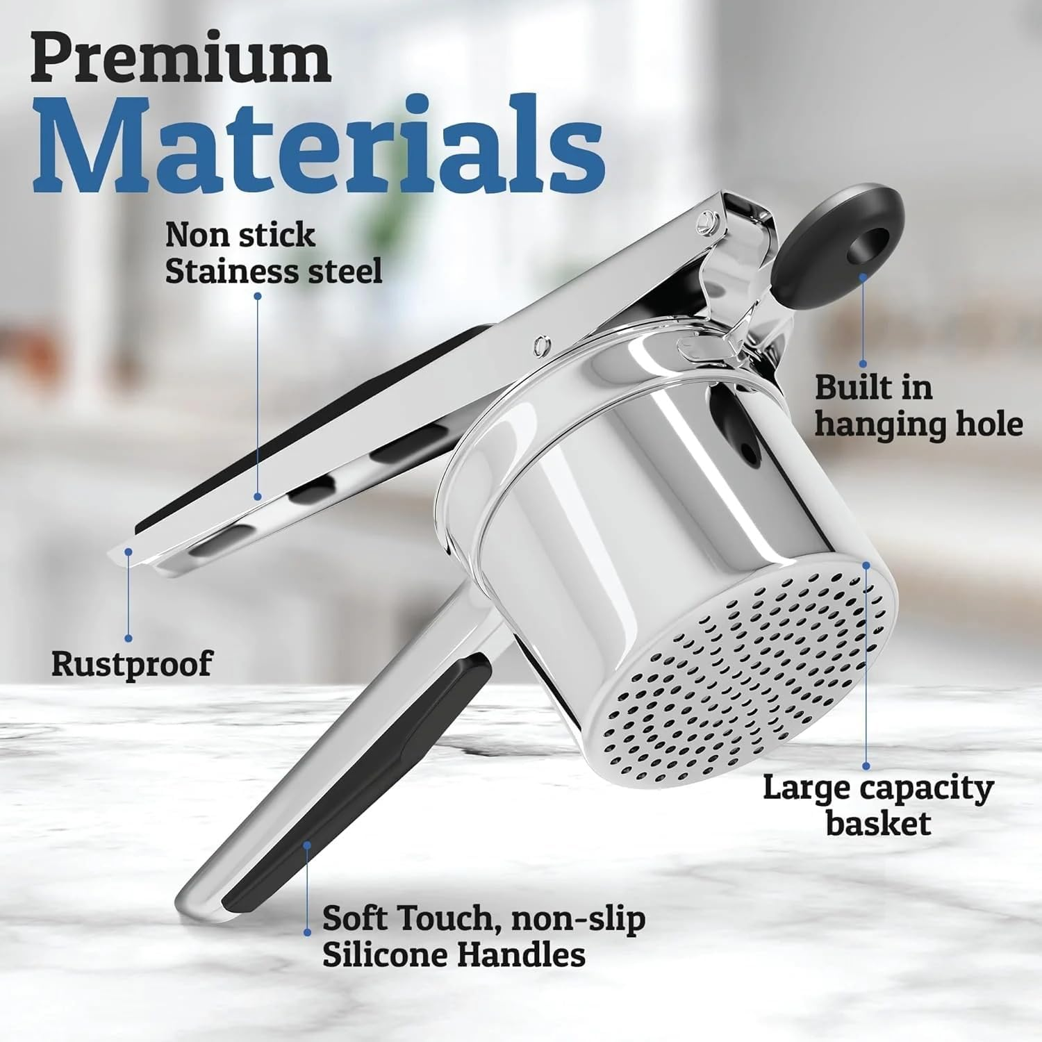 Large 15Oz Potato Ricer with 3 Discs, Heavy Duty Stainless Steel Potato Ricer for Mashed Potatoes, Potato Masher, Press and Ricer Kitchen Tool,Black image number 3