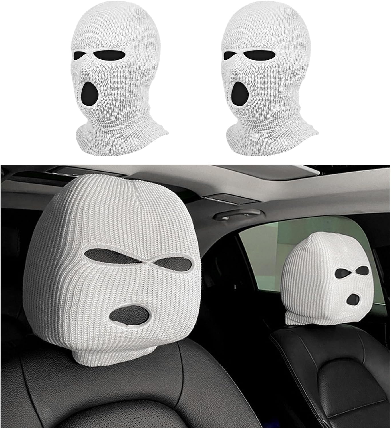 2 PCS Car Headrest Cover, Personalized Funny Car Seat Full Face Mask, Ski Mask Wrap Protection for Auto Front Seat Rest Decoration, Universal Interior Car Accessories (White) image number 5