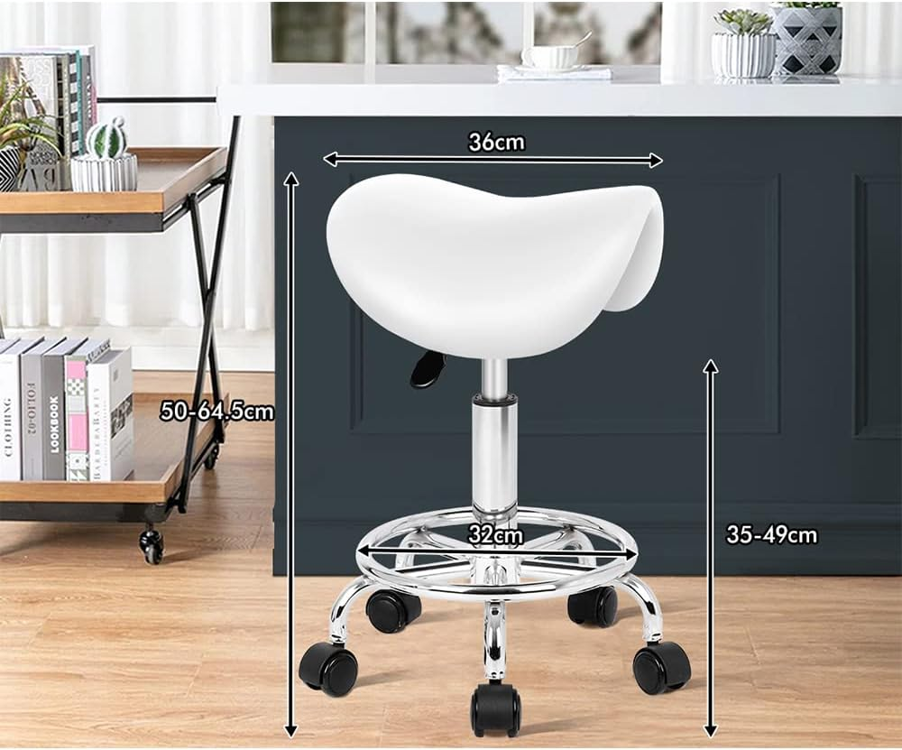 ALFORDSON Salon Stool Sierra Saddle Swivel Drafting Rolling Stools in 50-64.5Cm Height Adjustable PU Leather Spa Stool with Footrest Wheels Backless Hair Dress Barber Chair for SPA Massage White image number 3