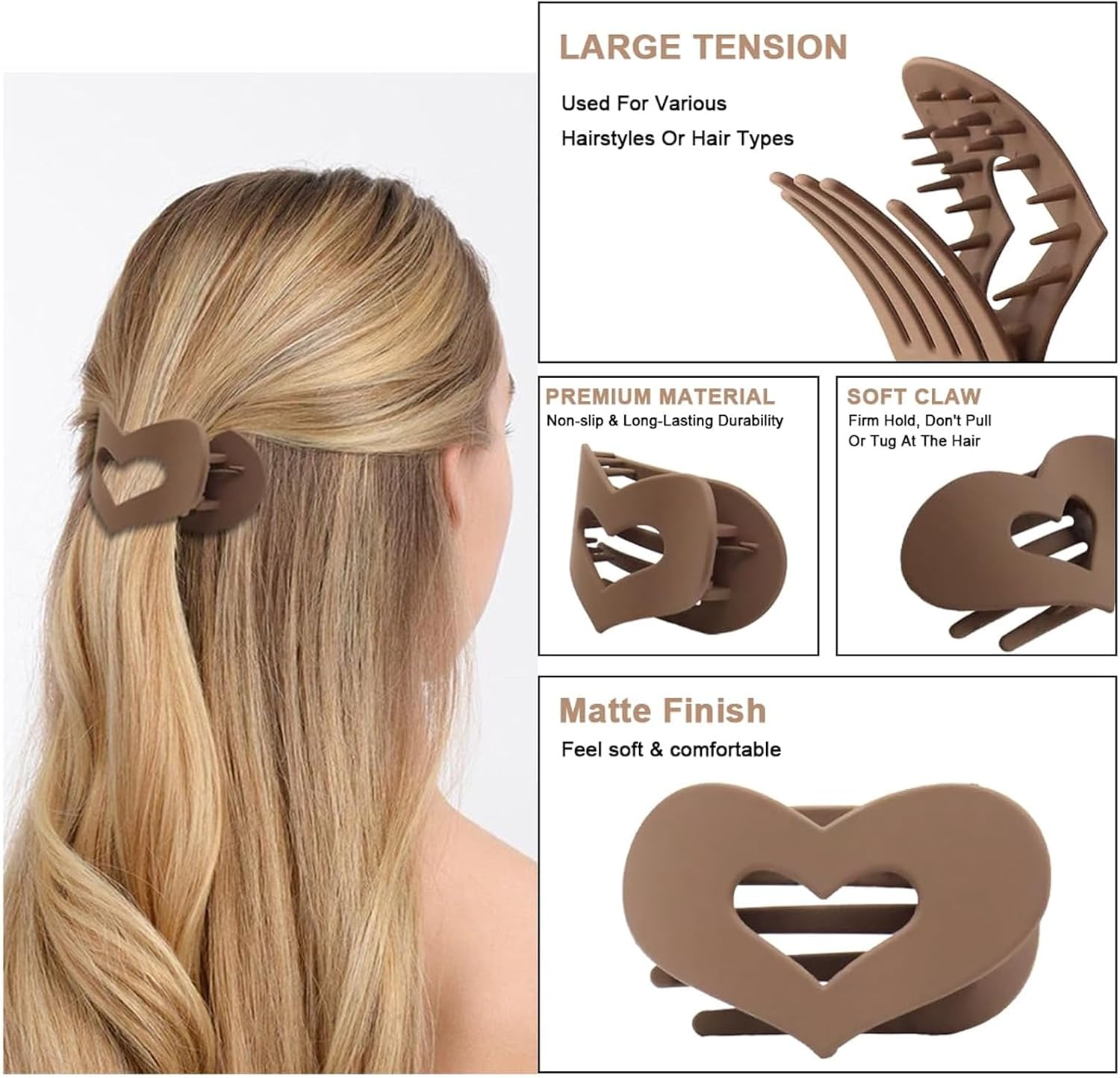 8 PCS Flat Hair Clips French Lay down Hair Claw Clips for Women Girls Strong Hold Hair Barrettes for Thick Thin Hair Comfortable Curved Flat Clips for Lying Driving (Heart) - Square image number 5