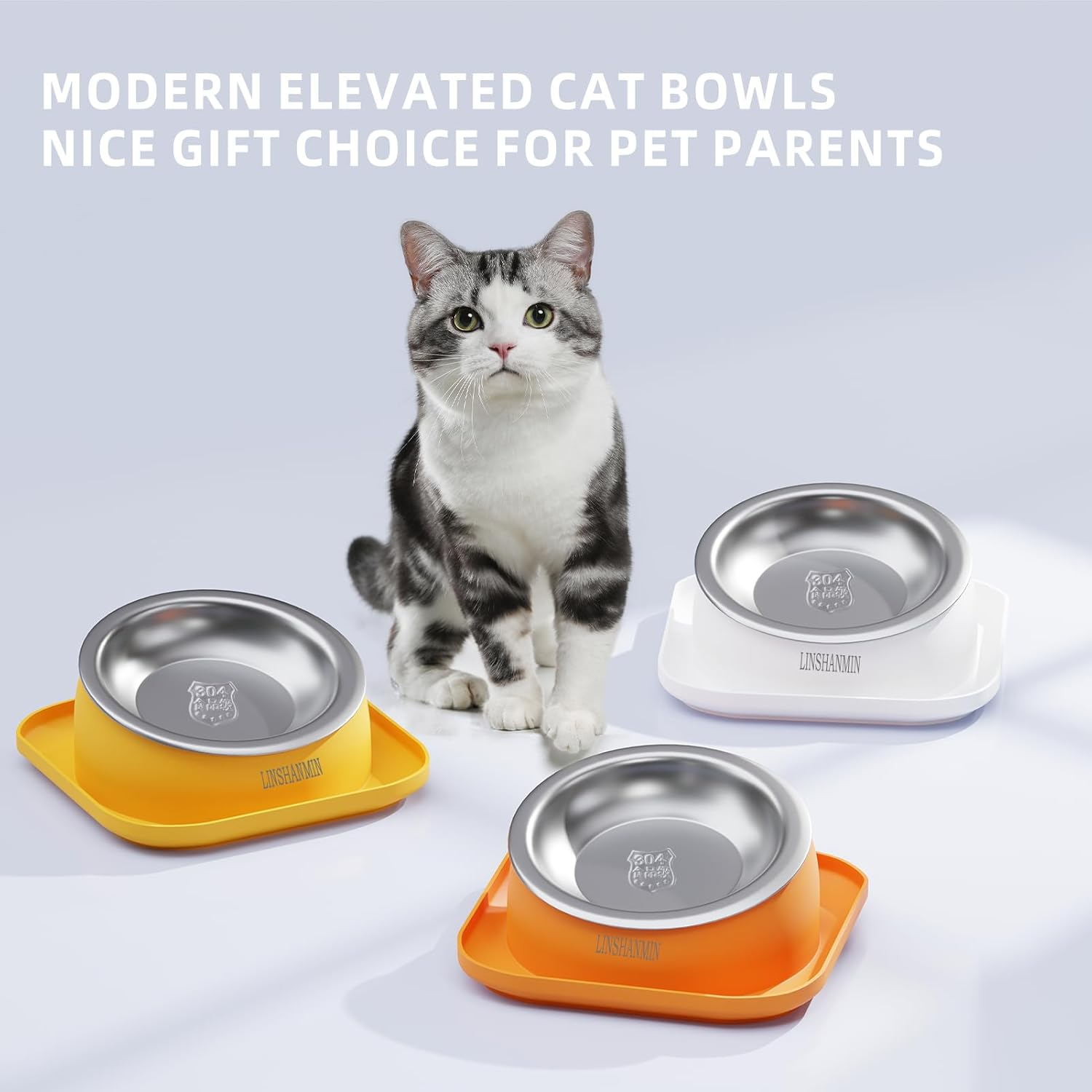 LINSHANMIN Cat Bowls Elevated Tilted Whisker Friendly, Cat Food Bowls for Indoor Cats, Shallow Cat Food Dishes Stainless Steel, Slanted Flat Plastic Feeder Elevated Angled Design.(White) - Orange image number 2