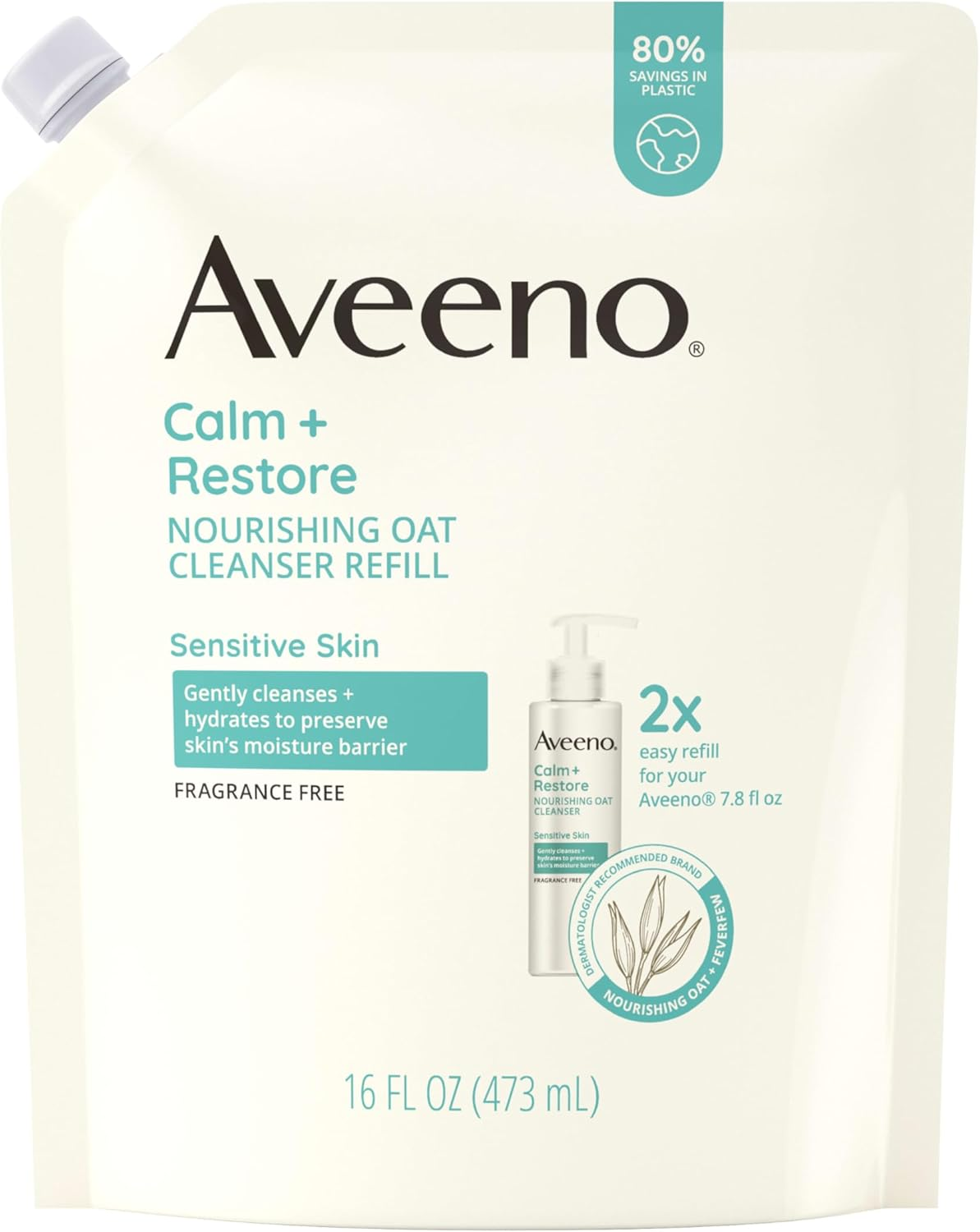 Aveeno Calm + Restore Nourishing Oat Facial Cleanser for Sensitive Skin, Gentle Face Wash with Nourishing Oat & Calming Feverfew, Hypoallergenic, Fragrance-Free, Refill Pouch, 16 Fl. Oz