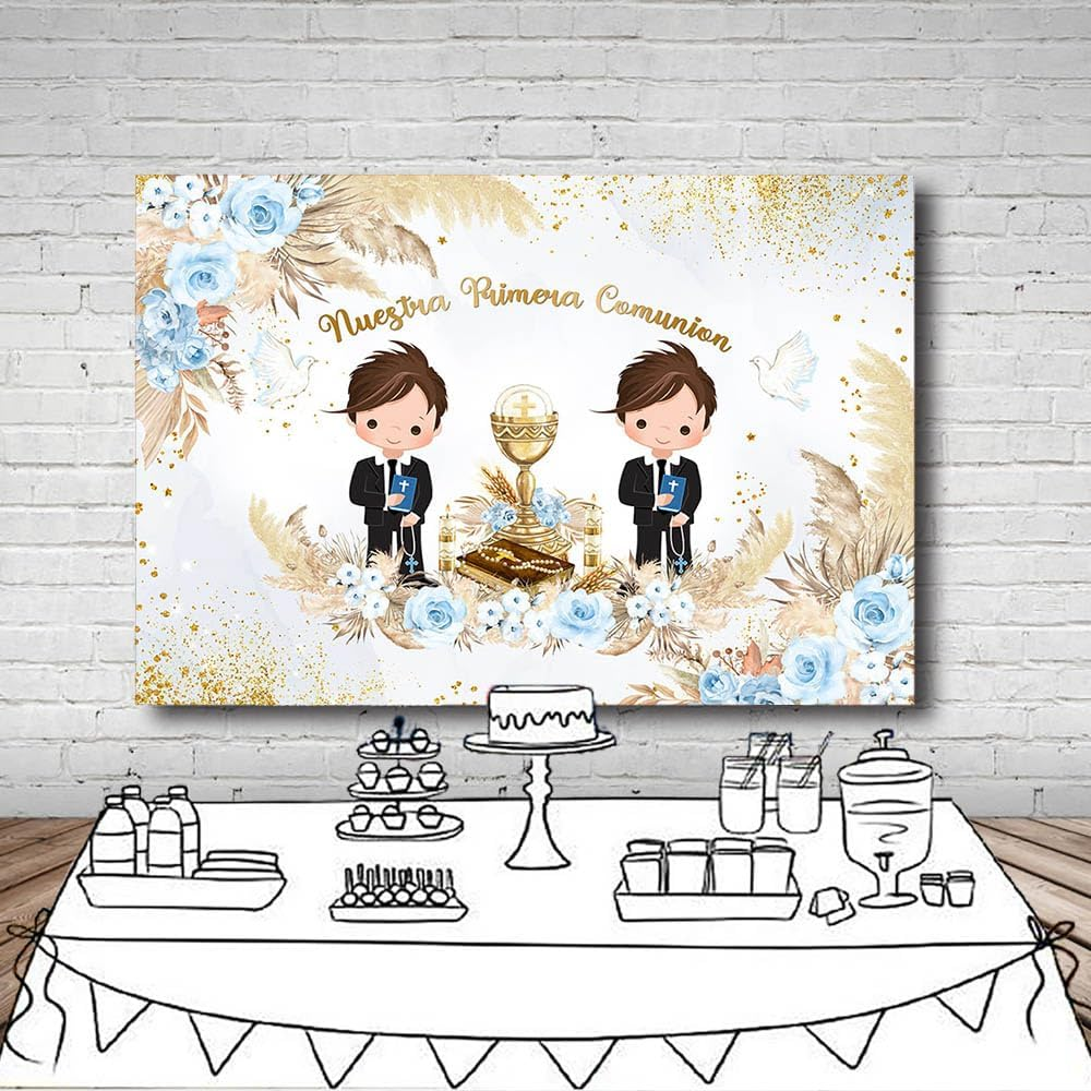MEHOFOND 2.1 X 1.5 M Background of Boys Twins Christening Our First Communion Bohemian Flower Panther Grass Golden Dot Photography Background Cross Dove Christening Party Decoration Banner Props image number 5