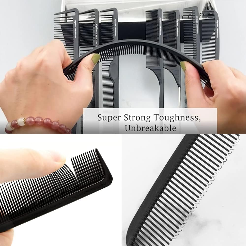 Mythus 9 Piece Black Hairdressing Carbon Comb Kit for Haircut anti Static image number 5