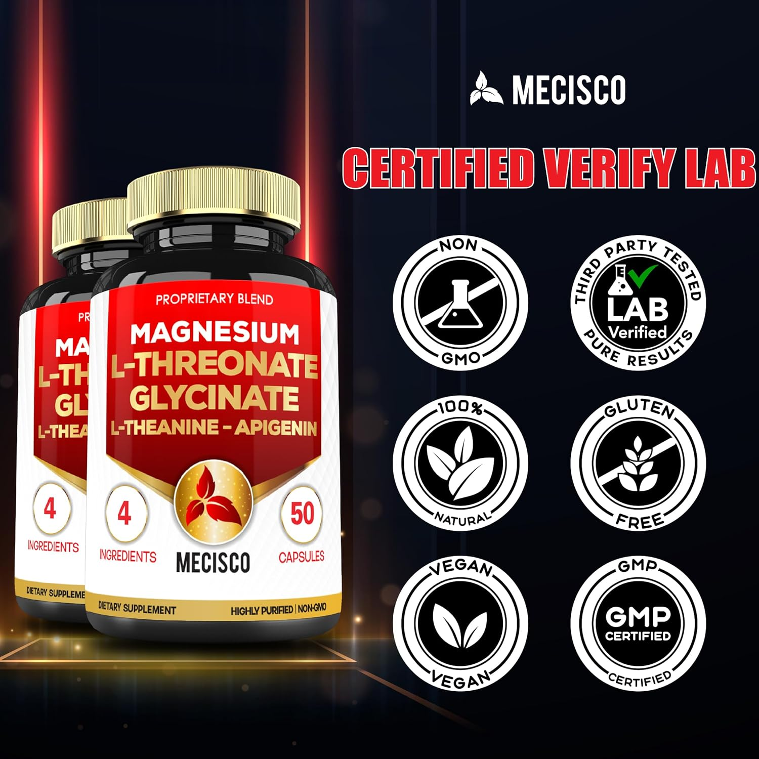 2 Packs 50 Capsules - 2000Mg Magnesium L Threonate Supplement Capsules with Magnesium Glycinate, L-Theanine, Apigenin - Support Immune System & Overall Health image number 4