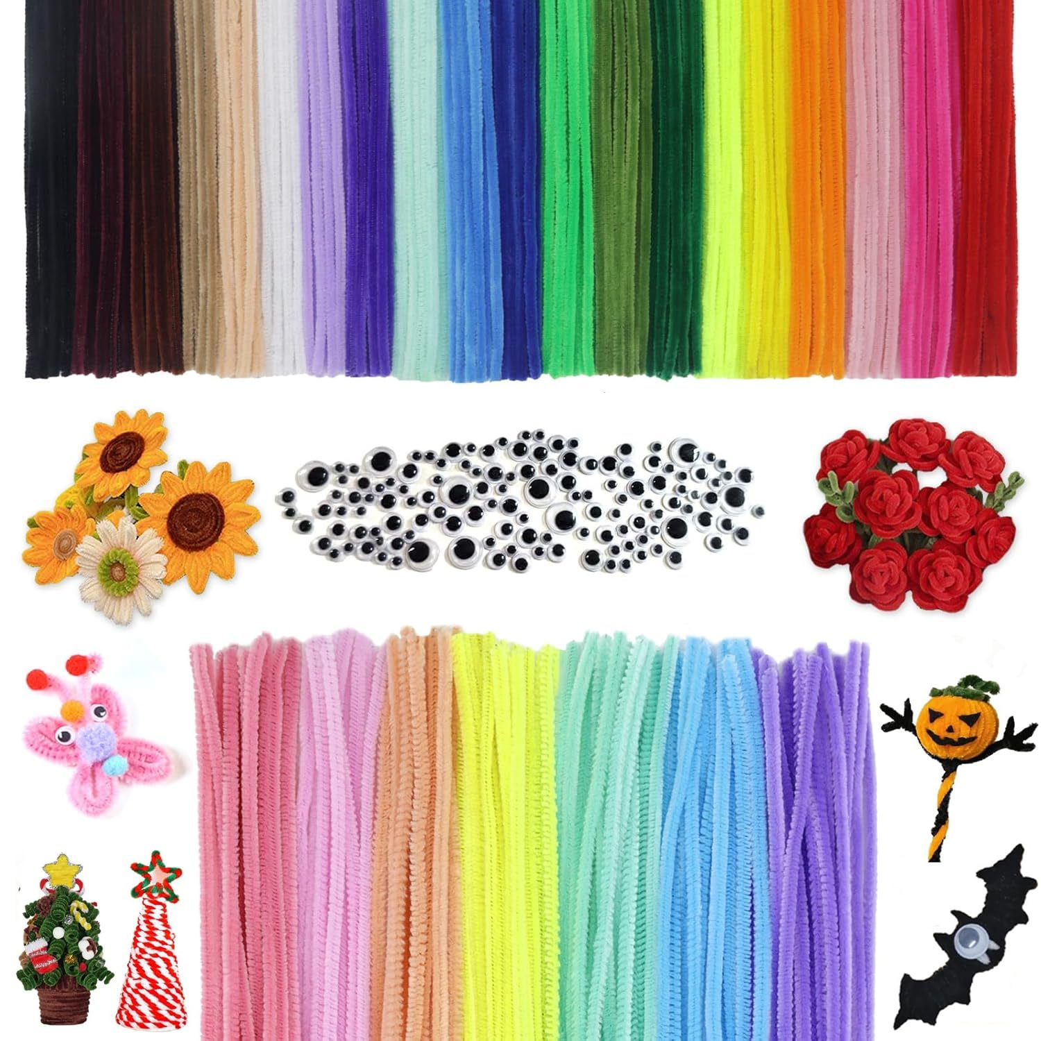 300Pcs Pipe Cleaners, 27Colors Chenille Stems, Pipecleaner for Crafts, 100 Wiggle Eyes Self-Adhesive, Pipe Cleaner Crafts, Art and Craft image number 1