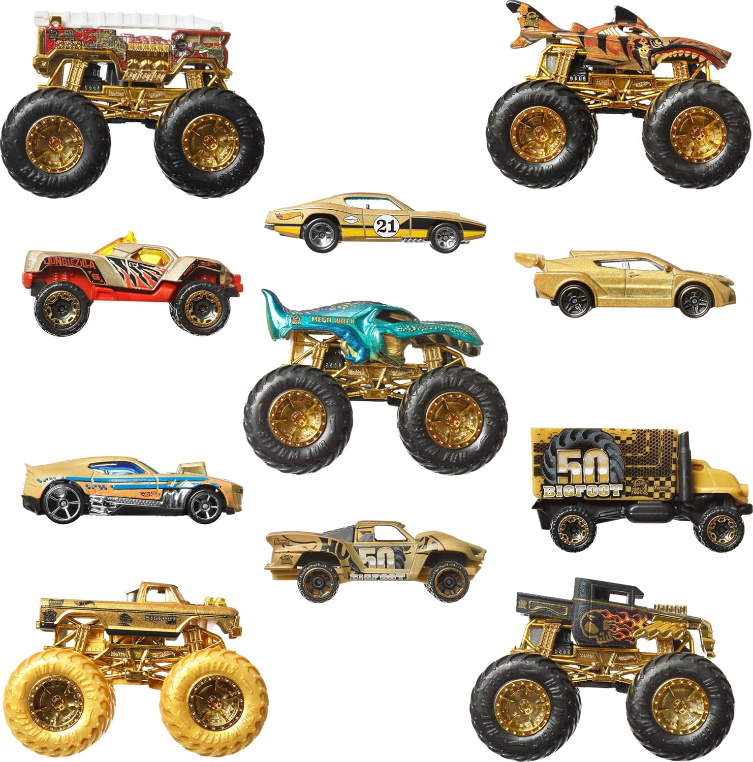 Hot Wheels Toy Cars & Trucks, Monster Trucks Trophy Champions Collection with Die-Cast Bigfoot, 5-Alarm, Bone Shaker, Mega-Wrex & Tiger Shark & 6 Cars image number 2