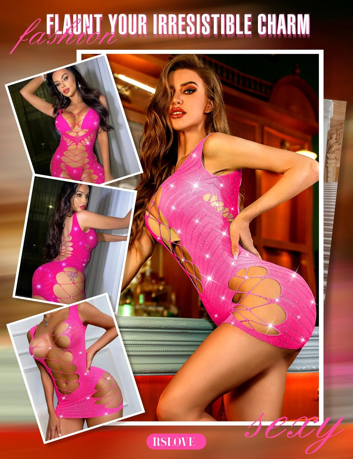 RSLOVE Womens Fishnet Lingerie Mesh Chemise Babydoll Bodysuit Lace Smock Lingerie for Women - Pink image number 4