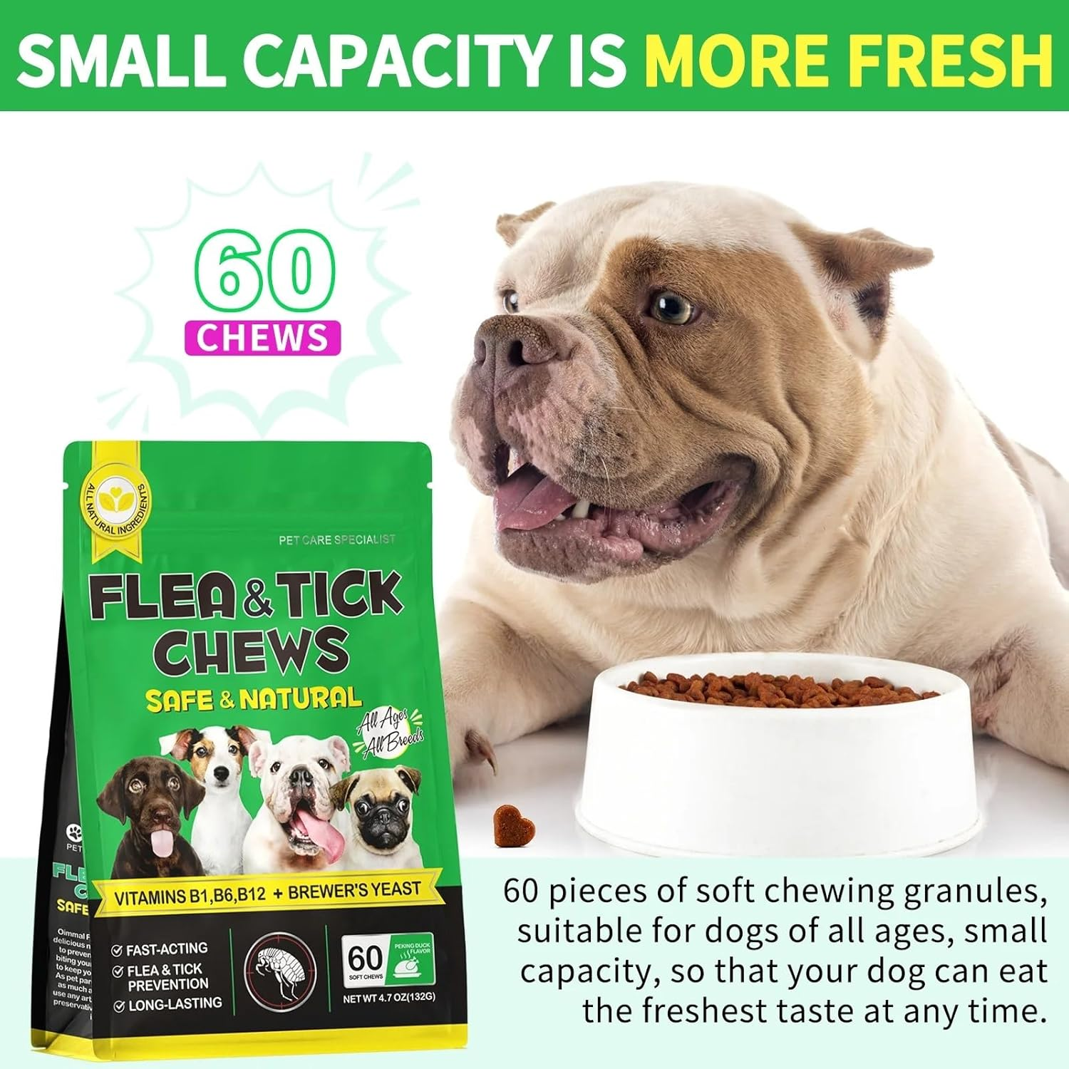 Natural Flea & Tick Prevention Chews for Dogs - Peking Duck Flavour Soft Chews with Vitamins B1, B6, B12 - Vet-Approved Deworming Supplement for All Breeds & Ages - 60 Chewable Tablets image number 1
