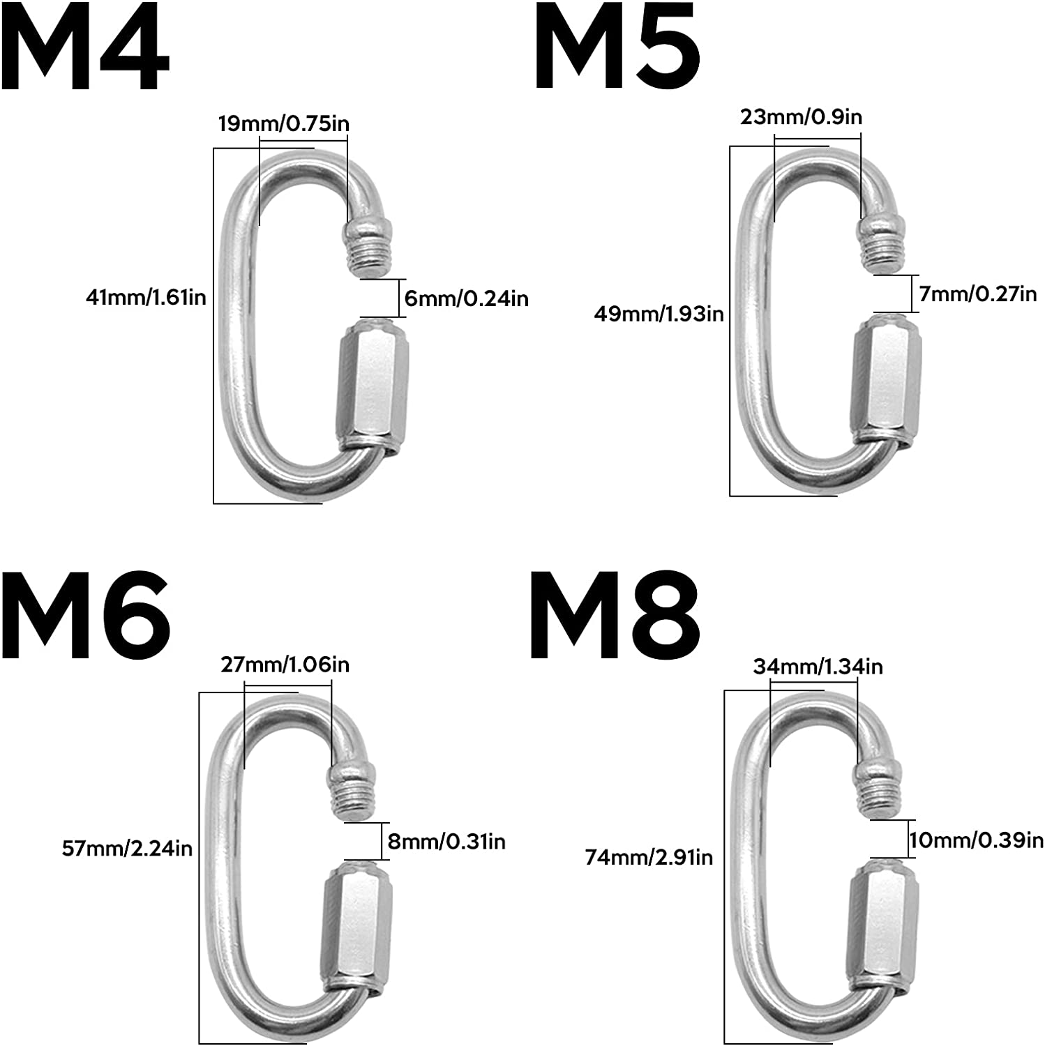 Worthplanet 10 Packs Stainless Steel Oval Carabiner Threaded Quick Link M4/M5/M6/M8 for Hammock, Camping and Outdoor Equipment W060007 image number 3