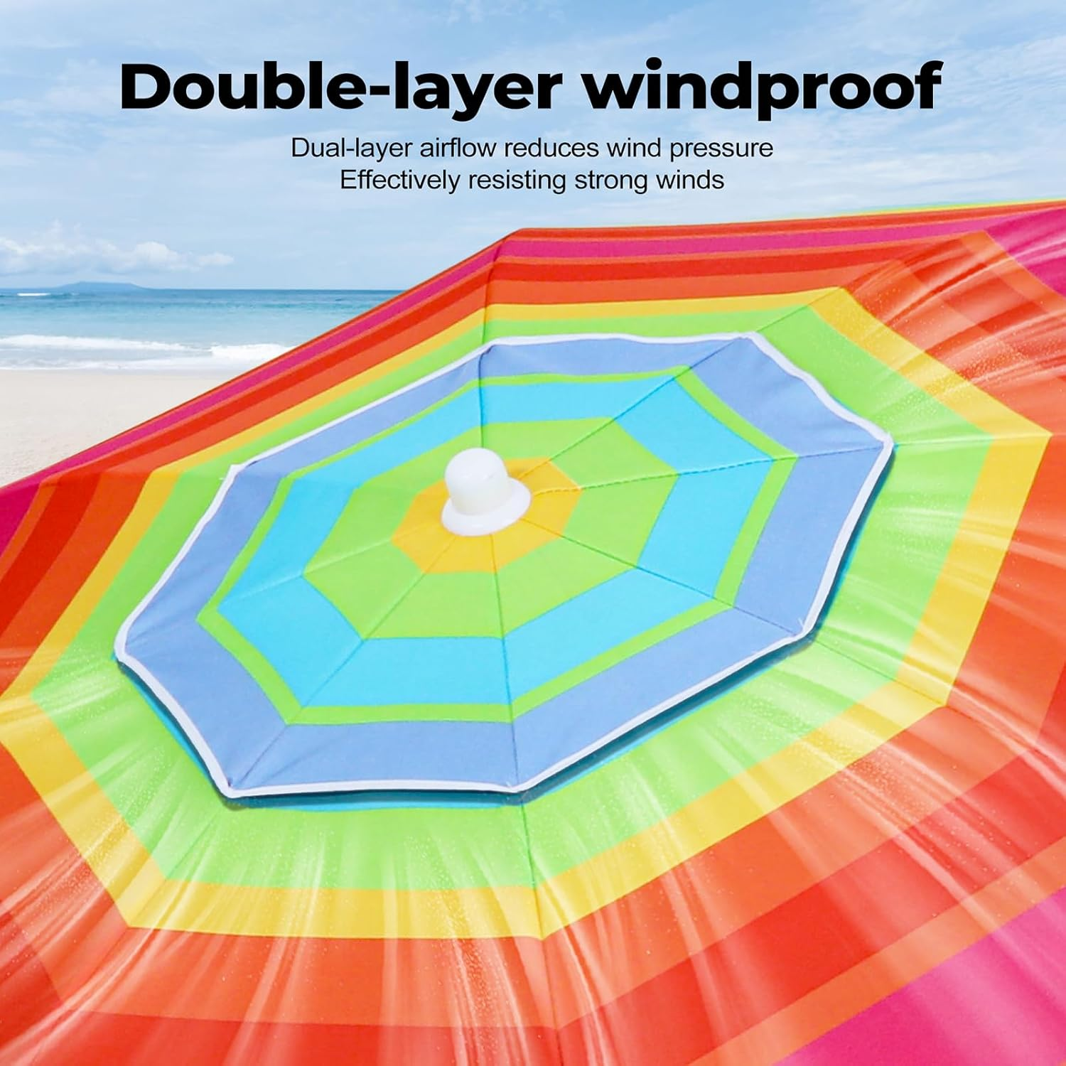 2M/2.2M Sand Beach Umbrella, Heavy Duty High Wind Parasols with Sand Anchor & Tilt Sun Shelter, UV 50+ Protection Outdoor Sunshade Umbrella with Carry Bag for Patio Garden Beach Pool Backyard Stripe image number 3