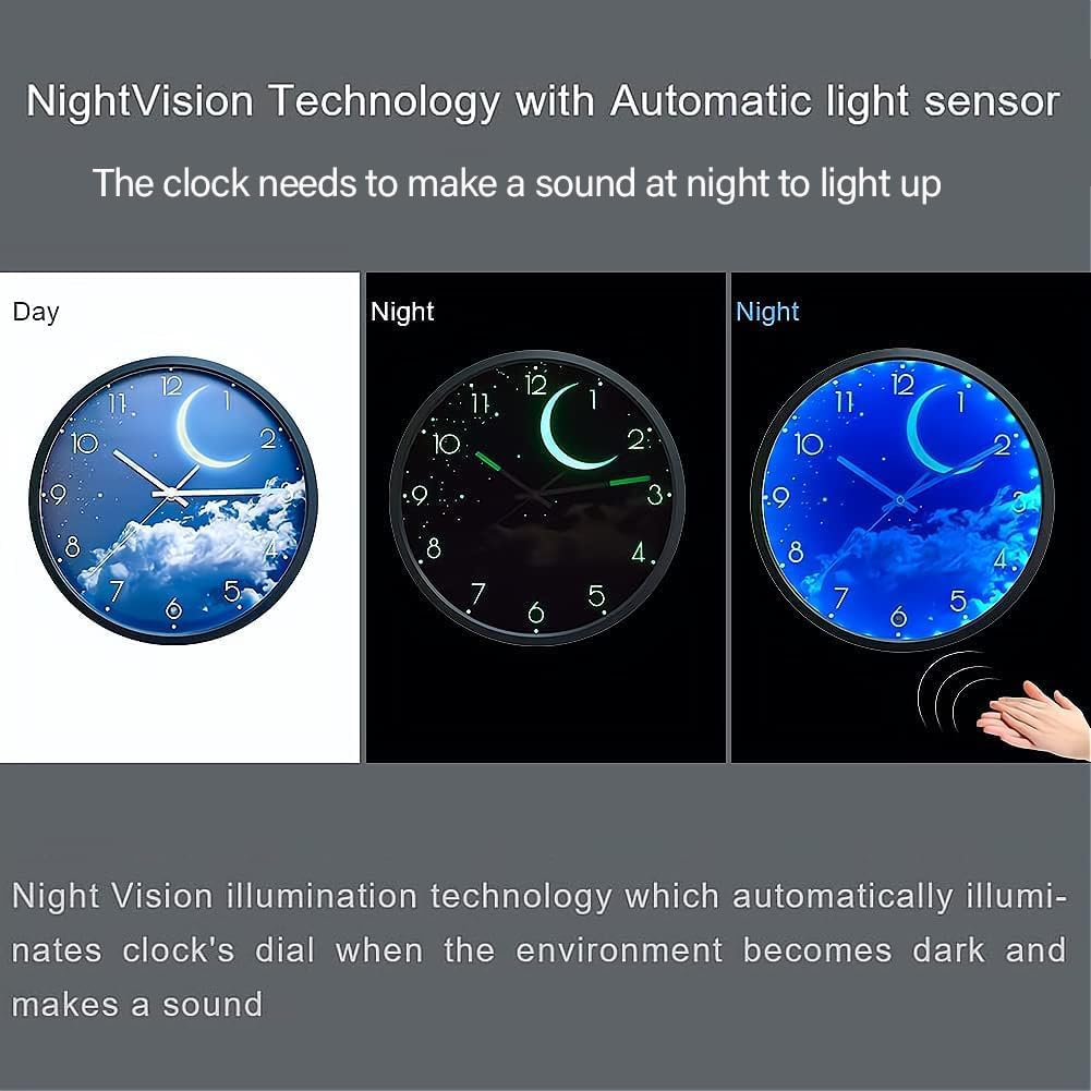 OCEST 12 Inch Night Light Wall Clock for Bedroom, Silent Battery-Operated Wall Clock Glow in the Dark for Living Room/Kitchen, Large Digital Display Kids Birthday Present-Moon image number 3
