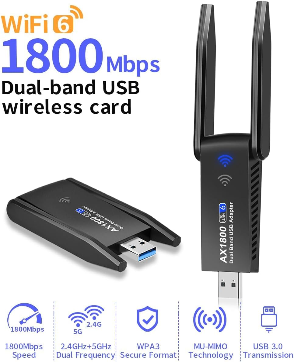 1800Mbps USB Wifi 6 Adapter,Ax1800 USB Wifi Adapter for PC Desktop Laptop,Long Range,High Gain Wifi Dongle,Dual Band 5Ghz 1201Mbps+2.4Ghz 574Mbps,2X Antennas,802.11Ax,For Windows 10/11,USB3.0
