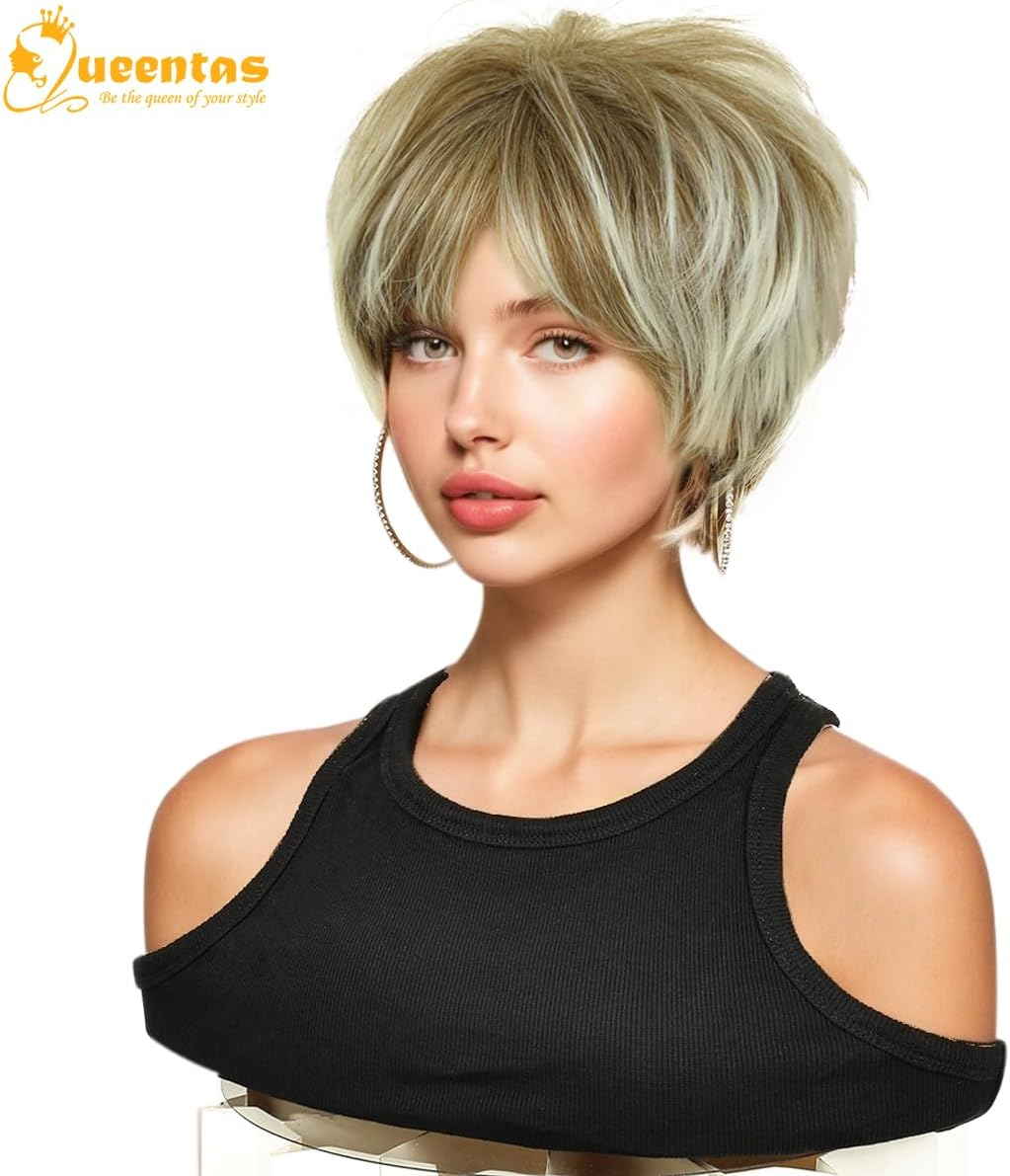 QUEENTAS Short Blonde Wigs for Women Layered Blonde Mixed Brown Pixie Cut Wig with Bangs Synthetic Short Hair Replacement Wig - Gray image number 5